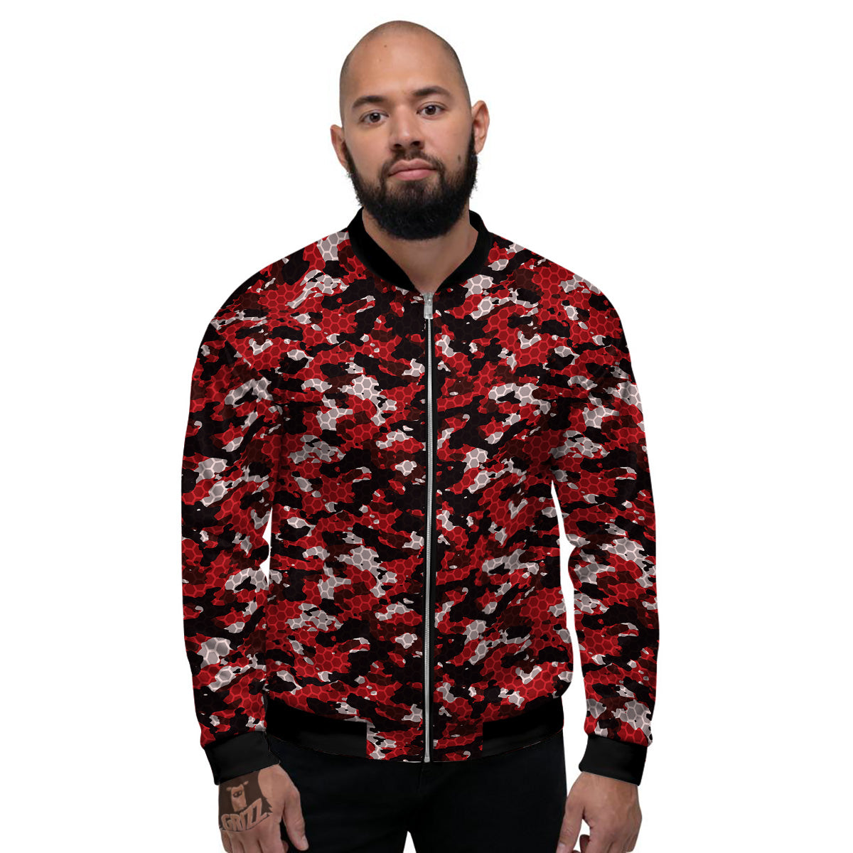 Red Black Hi Tech Camo Hexagonal Grid Print Pattern Men's Bomber Jacket-grizzshop