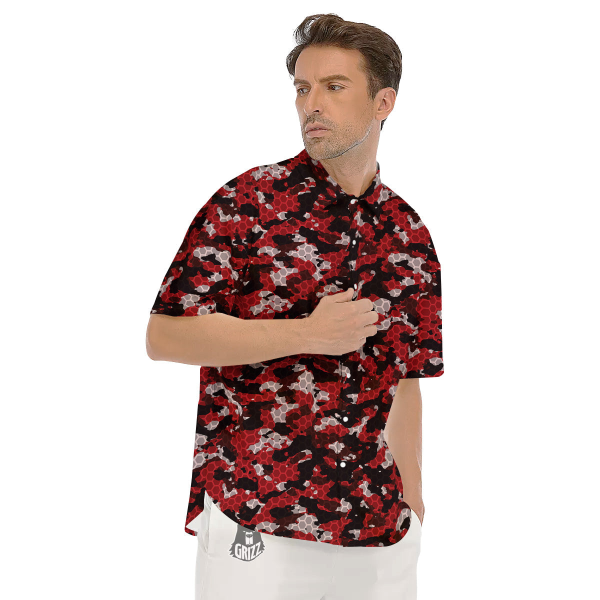 Red Black Hi Tech Camo Hexagonal Grid Print Pattern Men's Short Sleeve Shirts-grizzshop
