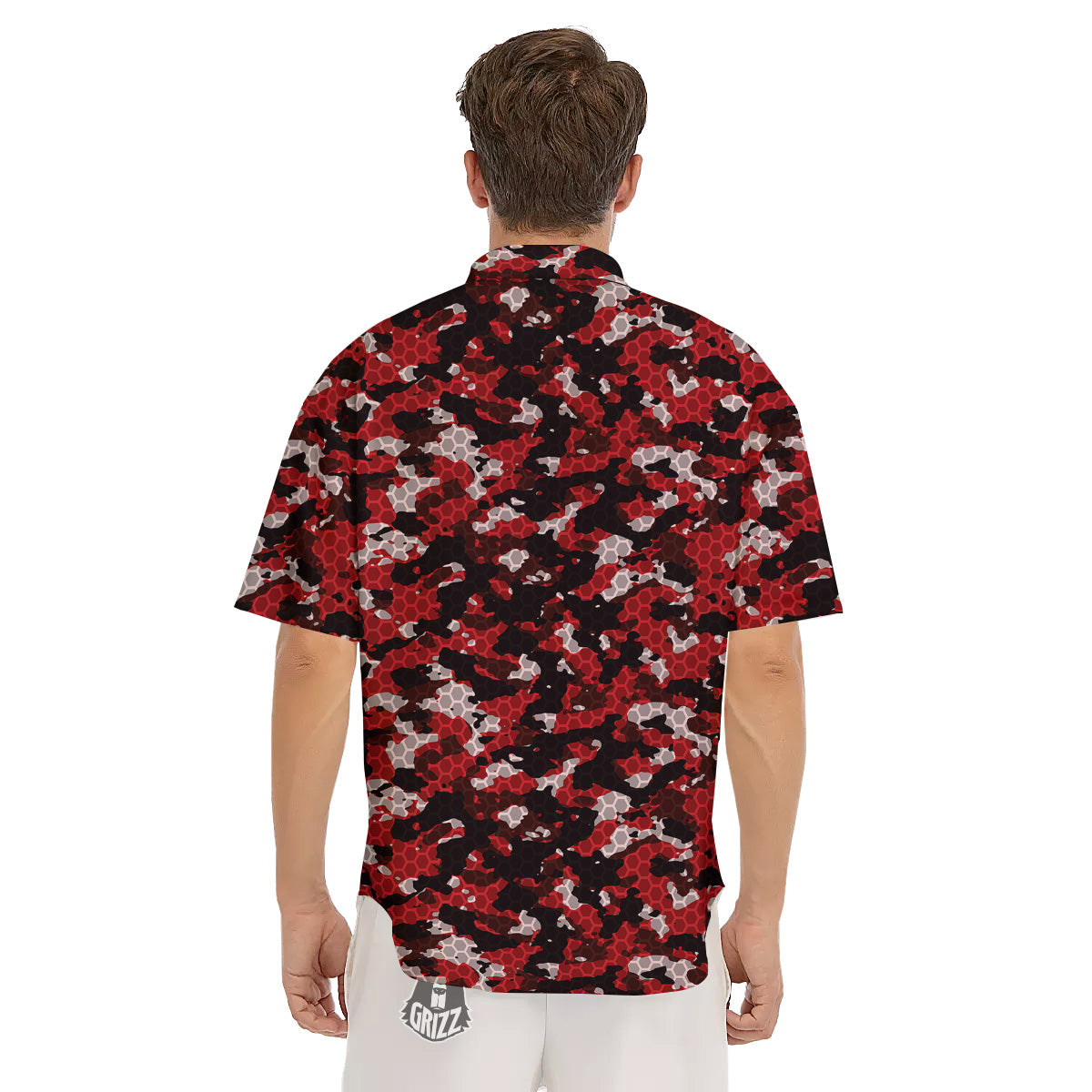 Red Black Hi Tech Camo Hexagonal Grid Print Pattern Men's Short Sleeve Shirts-grizzshop