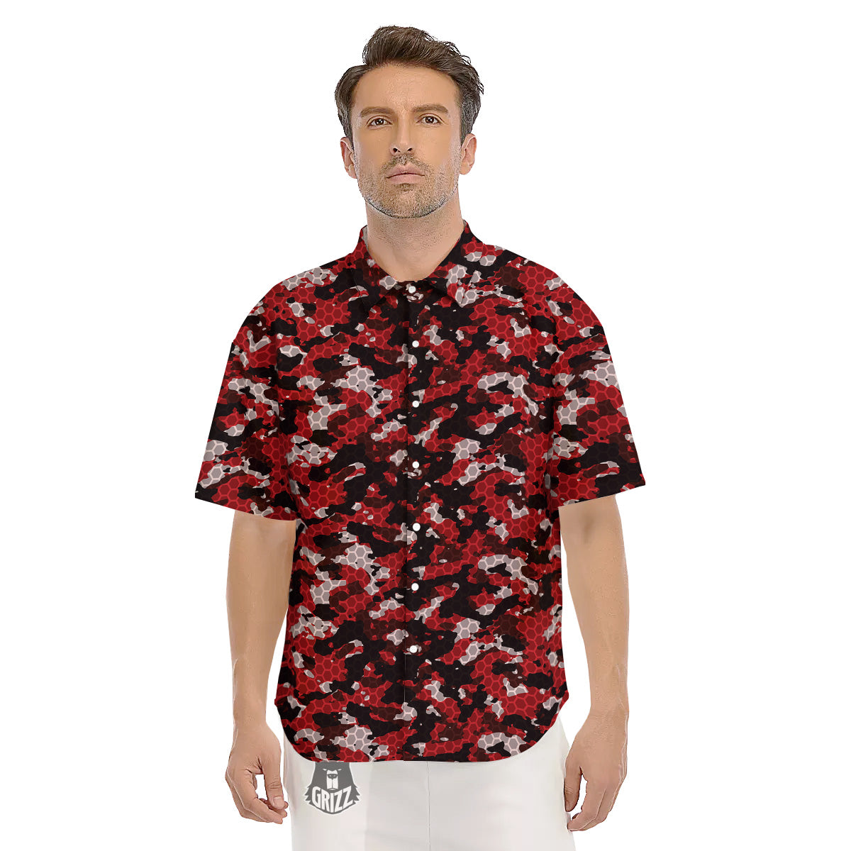 Red Black Hi Tech Camo Hexagonal Grid Print Pattern Men's Short Sleeve Shirts-grizzshop