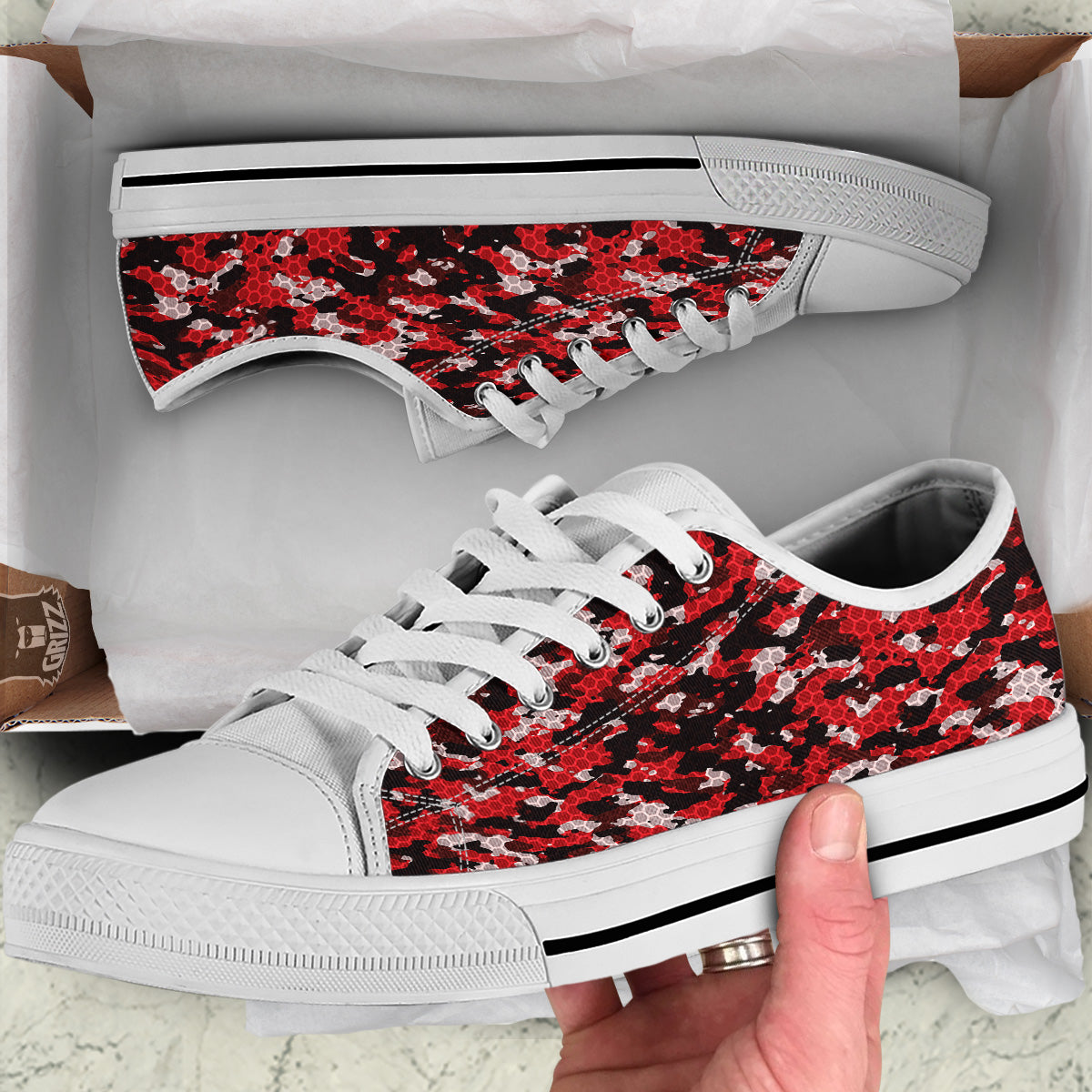 Red Black Hi Tech Camo Hexagonal Grid Print Pattern White Low Top Shoes-grizzshop