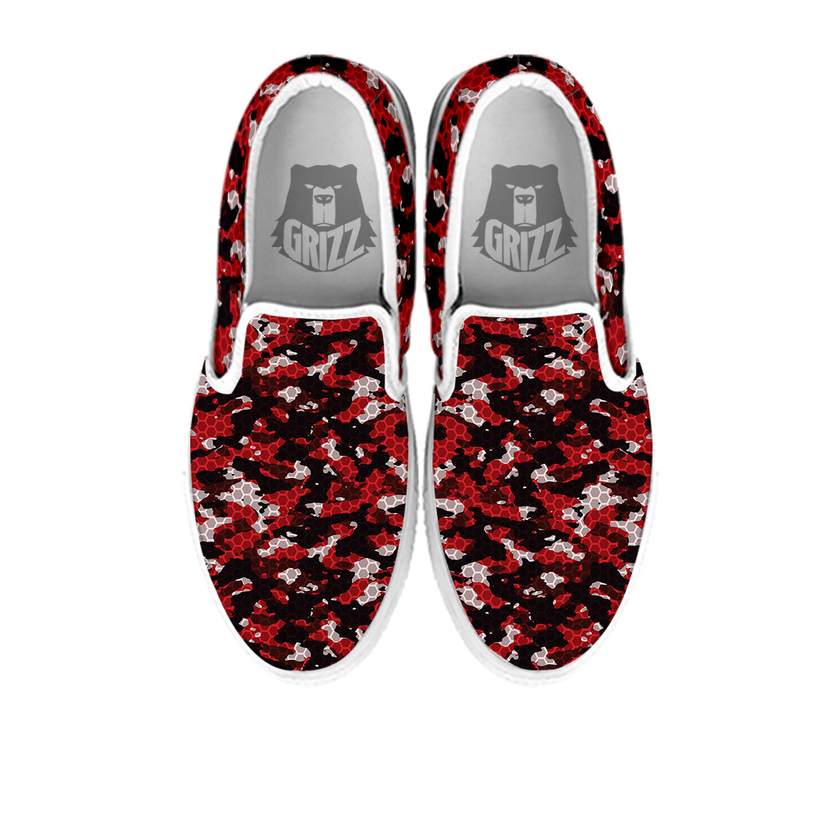 Red Black Hi Tech Camo Hexagonal Grid Print Pattern White Slip On Shoes-grizzshop