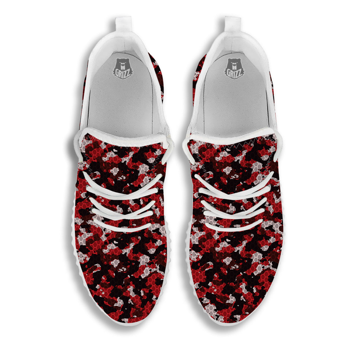 Red Black Hi Tech Camo Hexagonal Grid Print Pattern White Walking Shoes-grizzshop