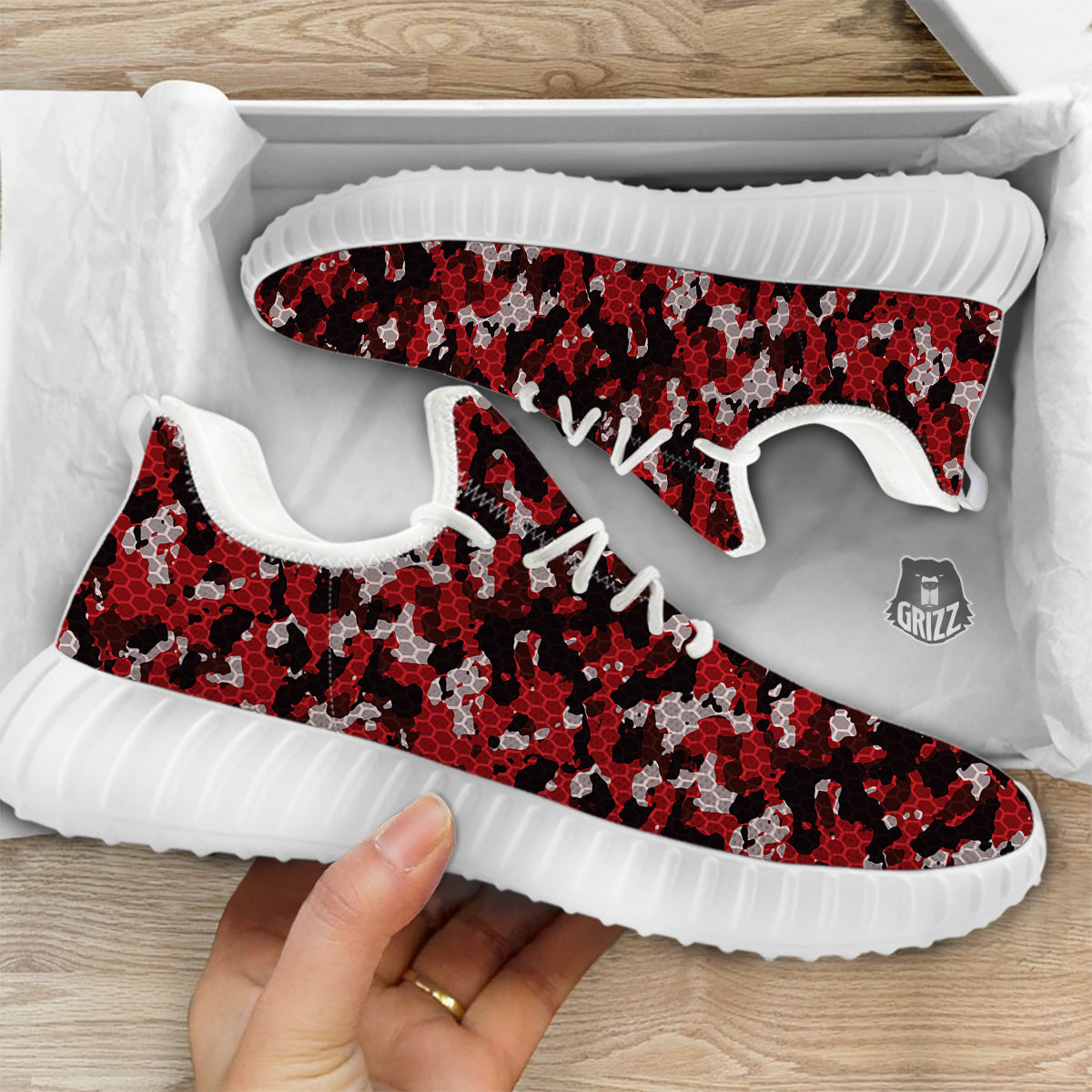 Red Black Hi Tech Camo Hexagonal Grid Print Pattern White Walking Shoes-grizzshop