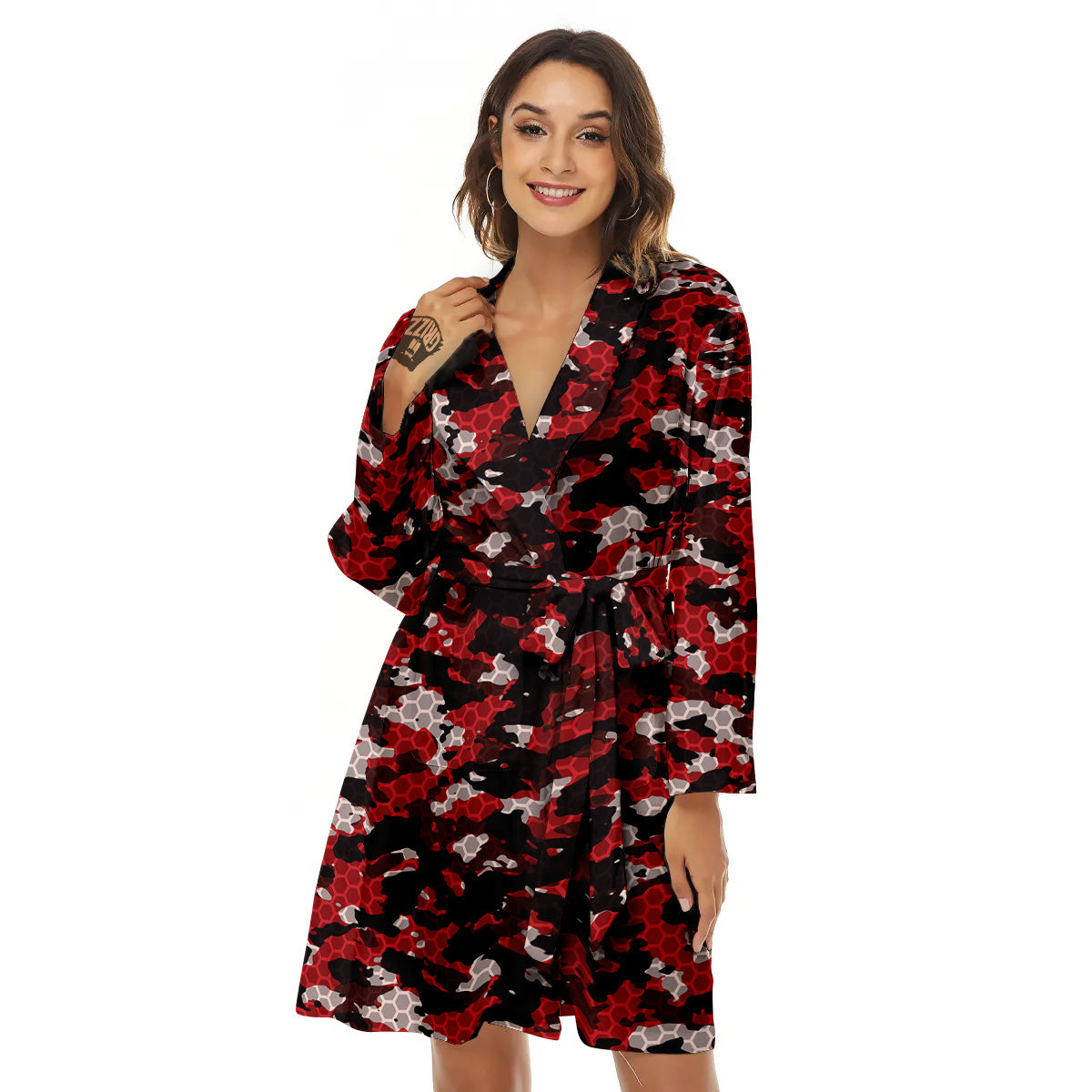 Red Black Hi Tech Camo Hexagonal Grid Print Pattern Women's Robe-grizzshop