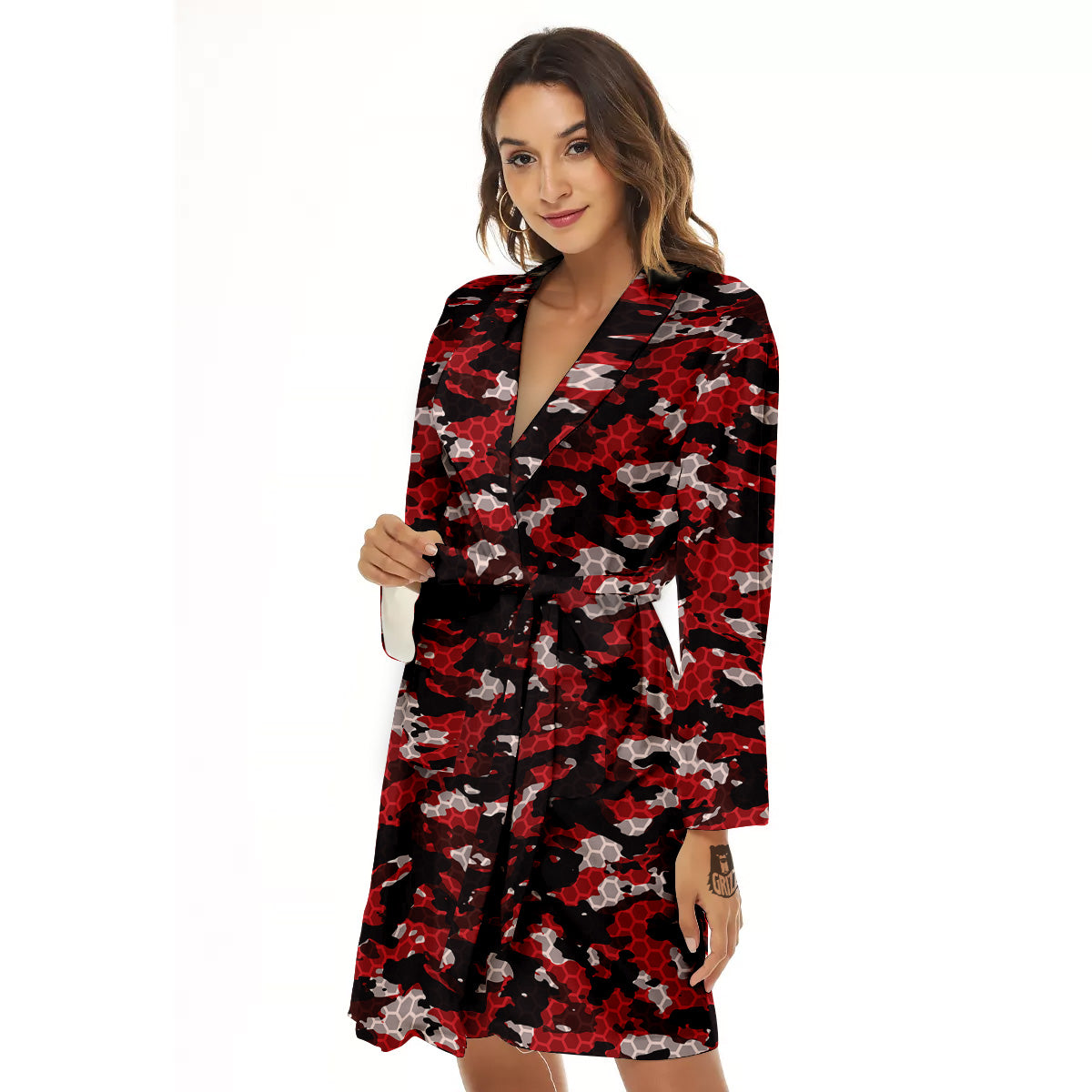 Red Black Hi Tech Camo Hexagonal Grid Print Pattern Women's Robe-grizzshop