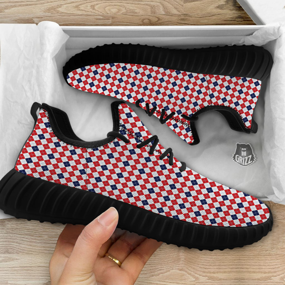 Red Blue And White Argyle Print Pattern Black Walking Shoes-grizzshop