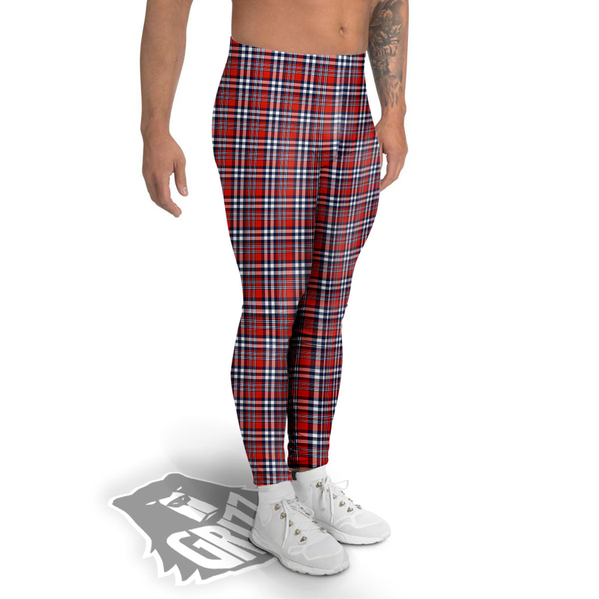 Red Blue And White Check Print Pattern Men's Leggings-grizzshop
