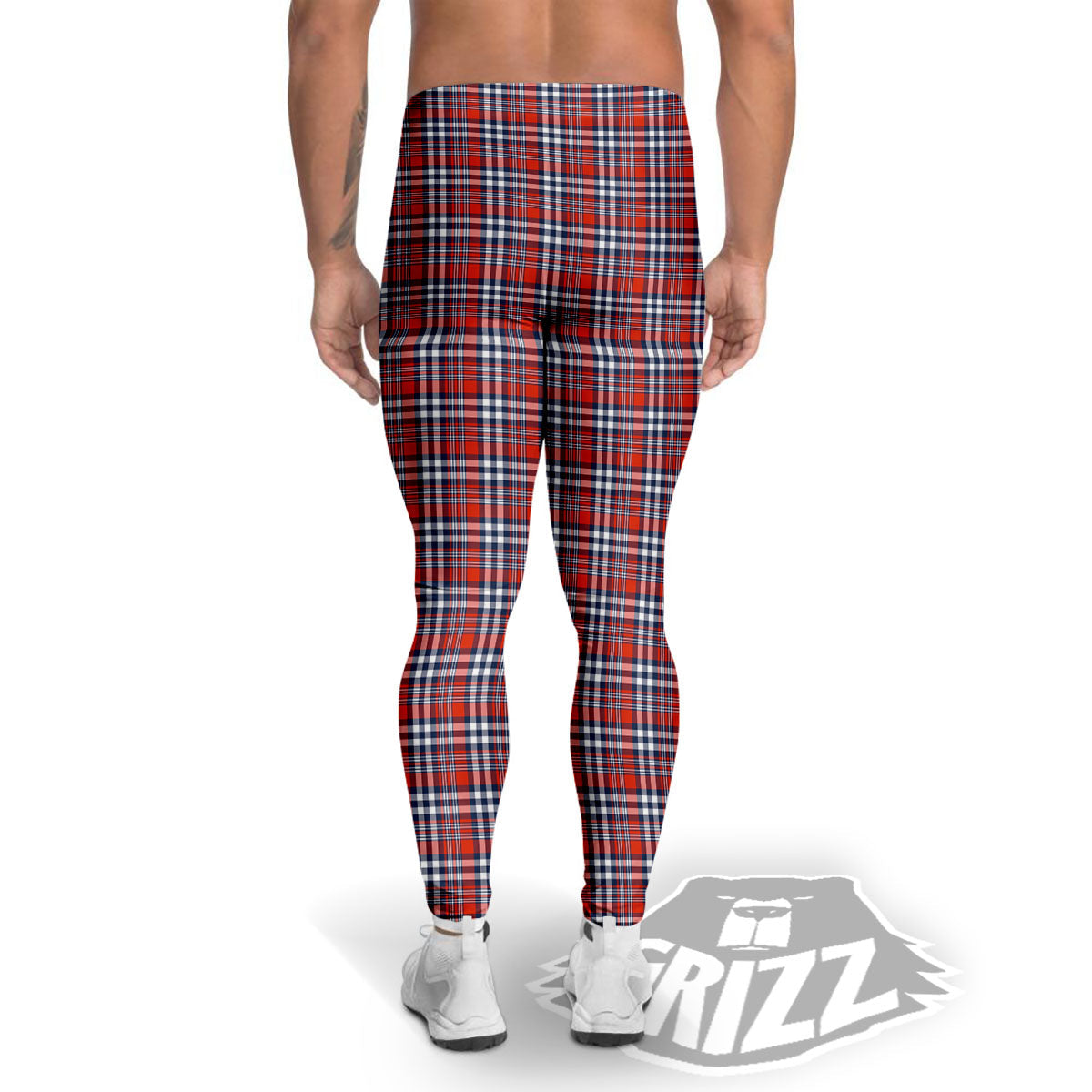 Red Blue And White Check Print Pattern Men's Leggings-grizzshop
