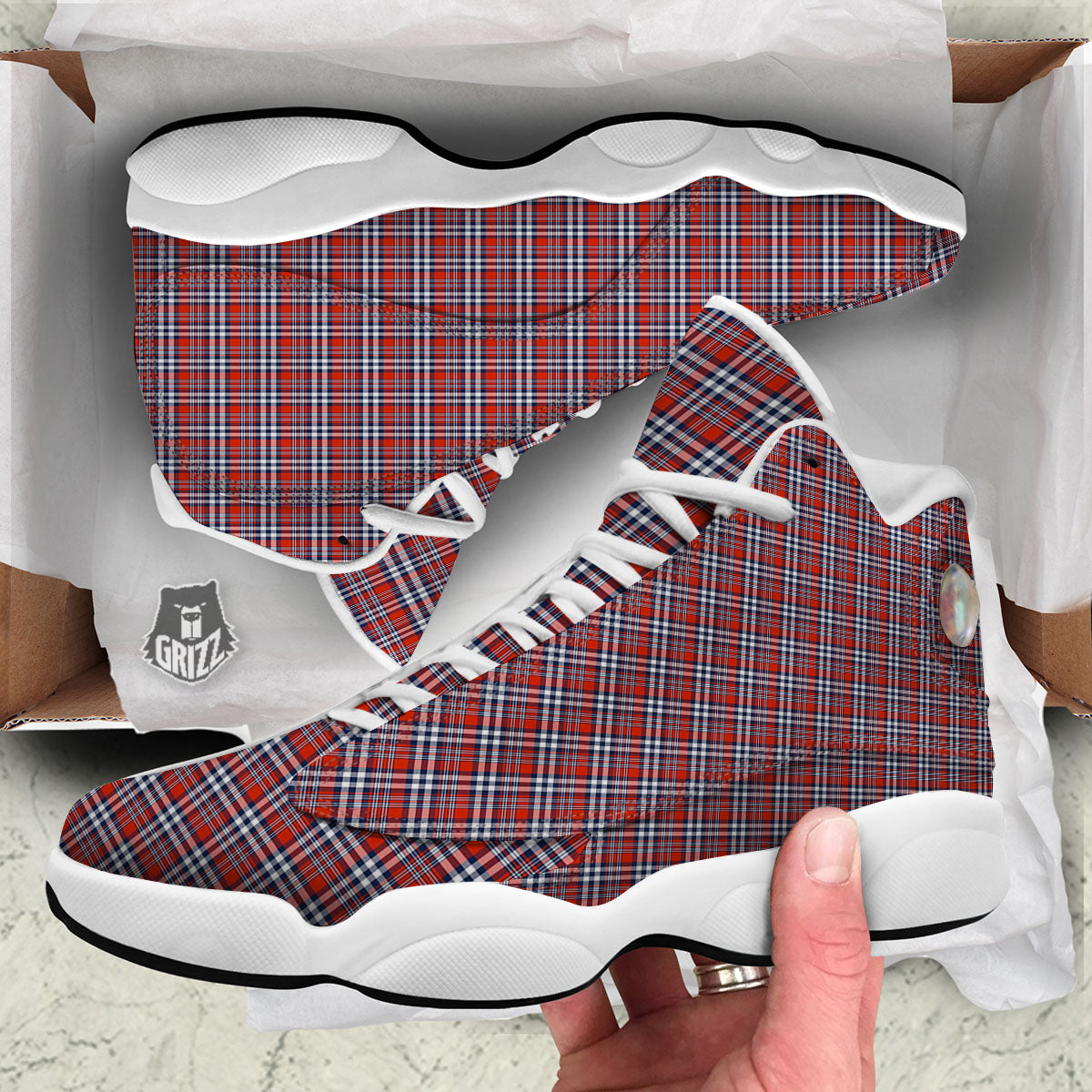 Red Blue And White Check Print Pattern White Basketball Shoes-grizzshop