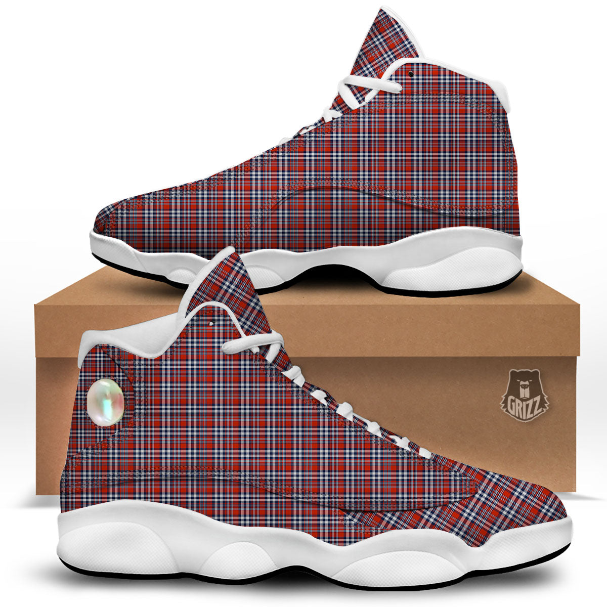 Red Blue And White Check Print Pattern White Basketball Shoes-grizzshop
