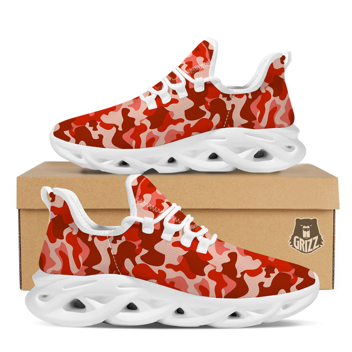 Red Camo And Camouflage Print White Running Shoes-grizzshop