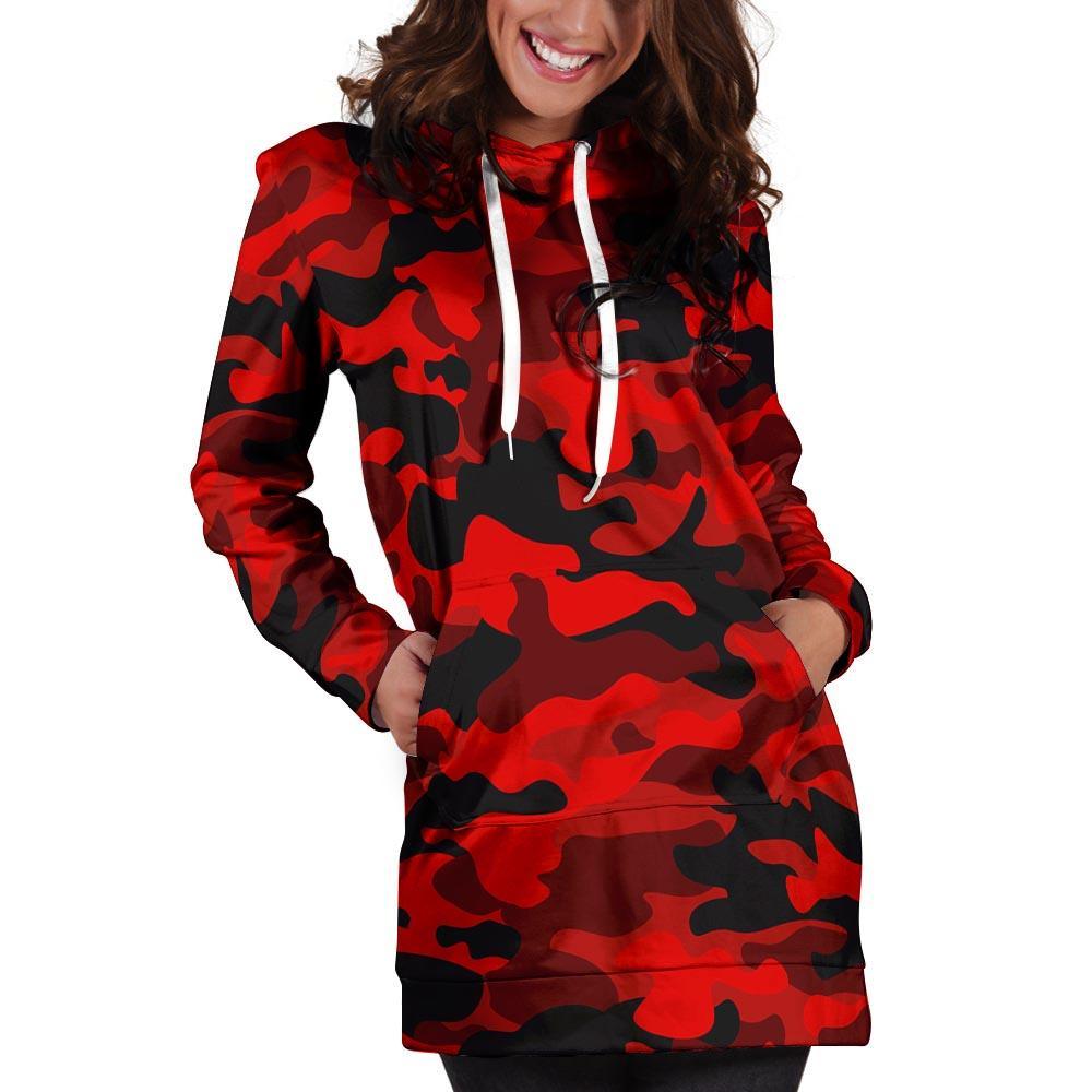 Red Camo Print Hoodie Dress-grizzshop
