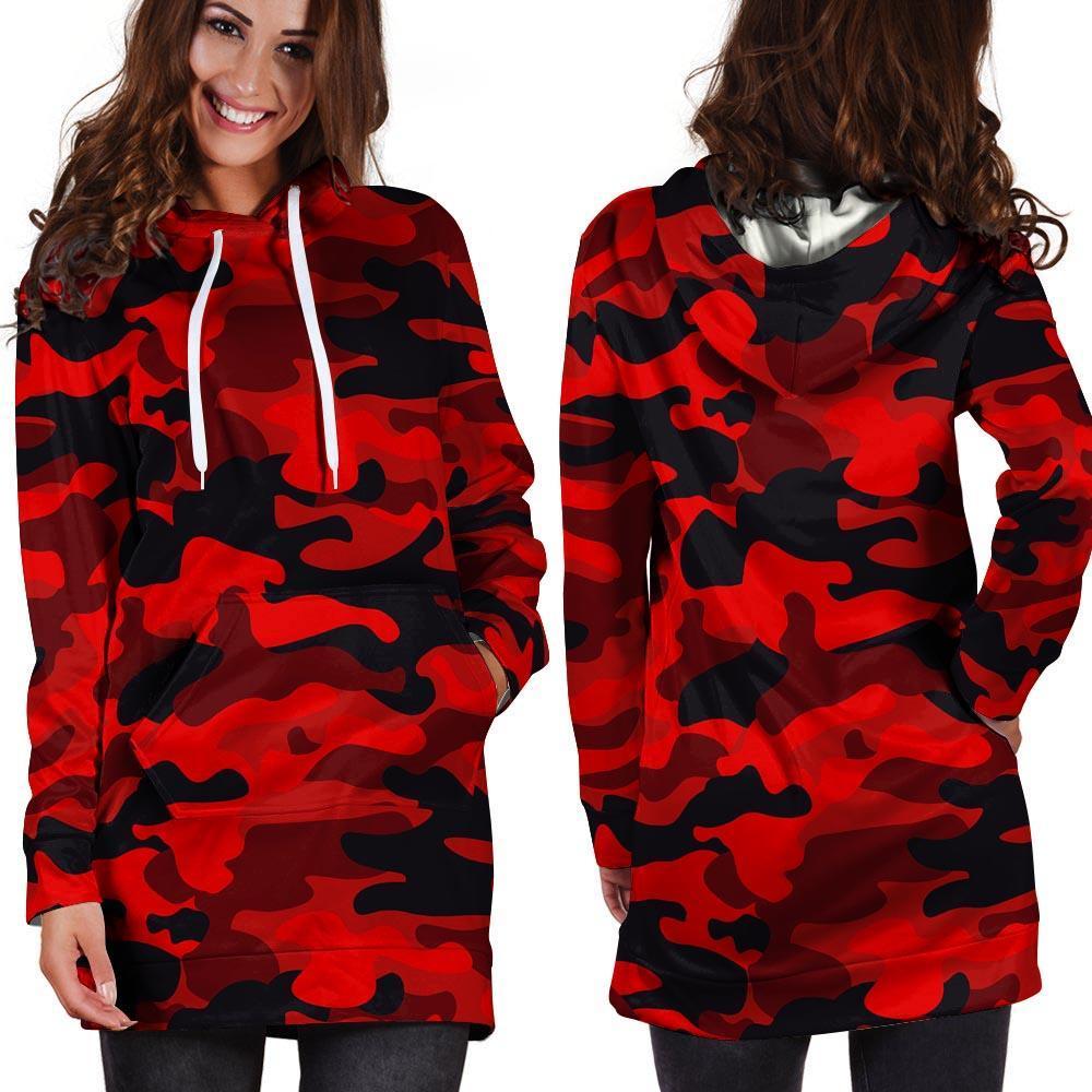 Red Camo Print Hoodie Dress-grizzshop