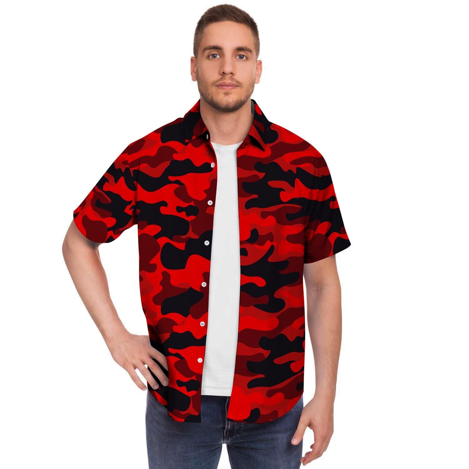 Red Camo Print Men's Short Sleeve Shirt-grizzshop