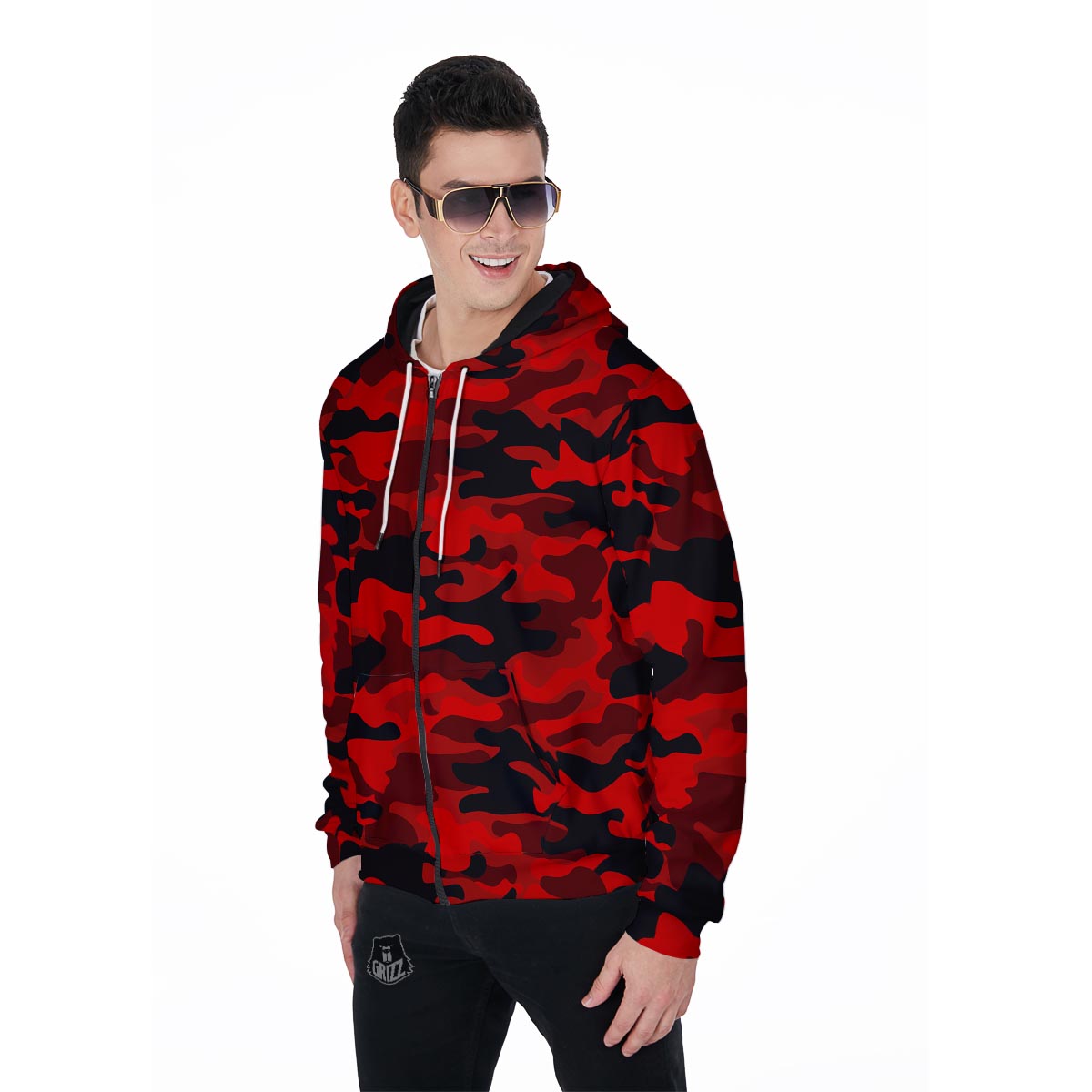Red Camo Print Men's Zip Up Hoodie-grizzshop