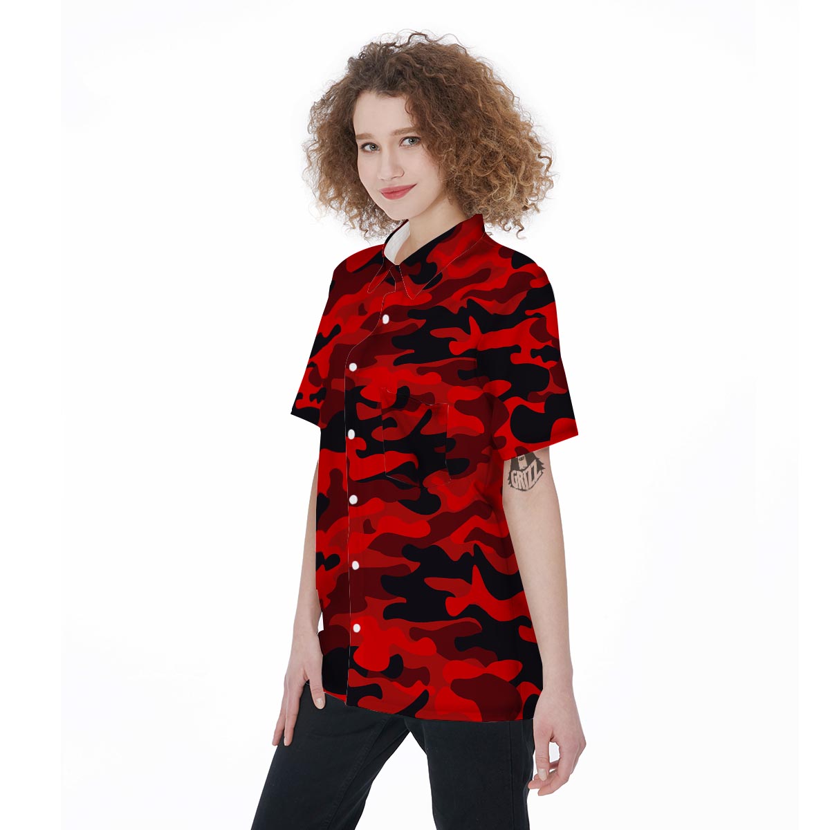 Red Camo Print Women's Short Sleeve Shirts-grizzshop