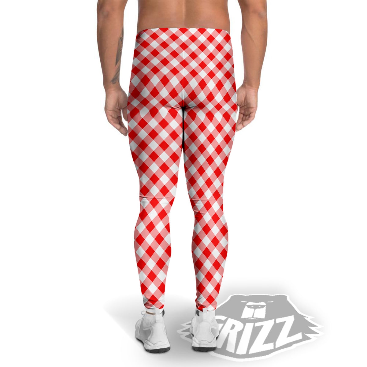 Red Cardinal And White Gingham Print Men's Leggings-grizzshop