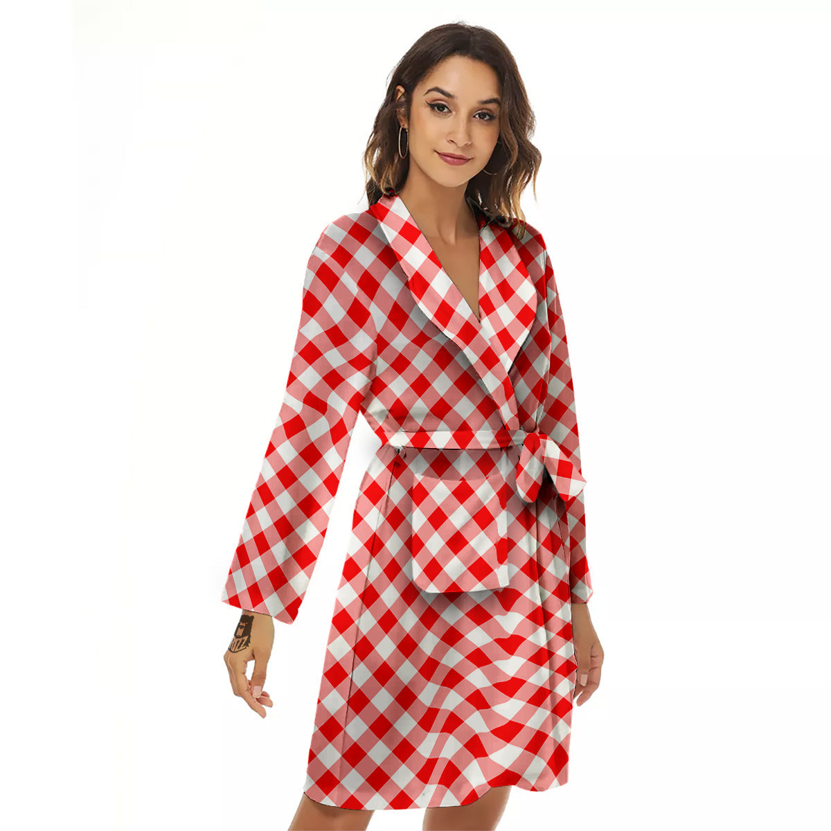 Red Cardinal And White Gingham Print Women's Robe-grizzshop