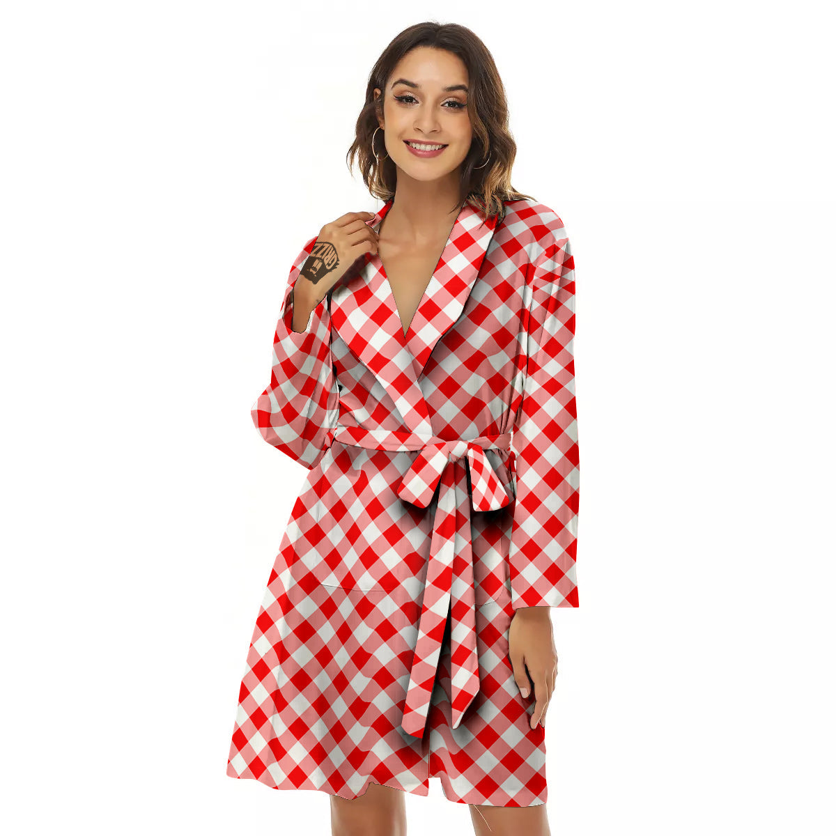 Red Cardinal And White Gingham Print Women's Robe-grizzshop