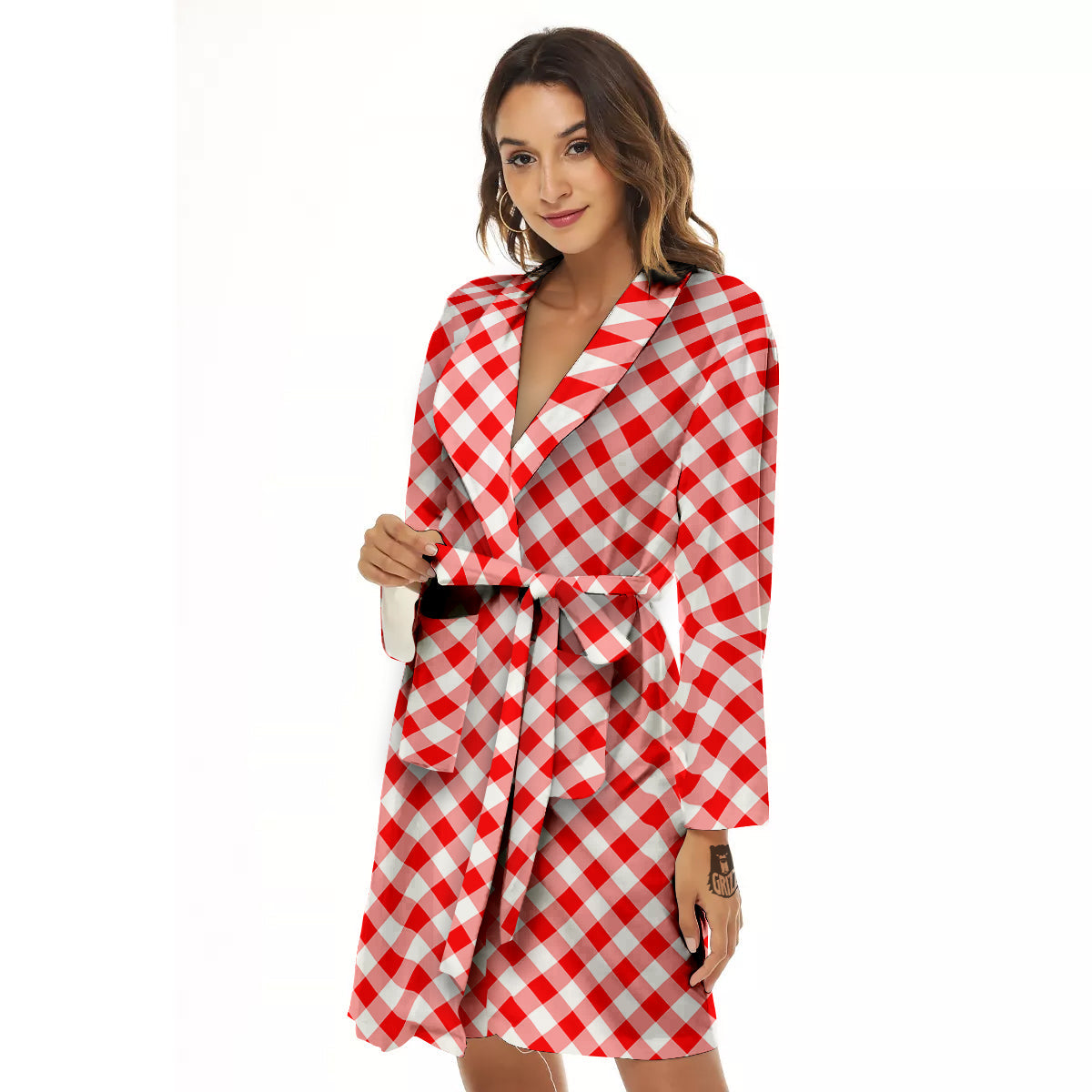 Red Cardinal And White Gingham Print Women's Robe-grizzshop