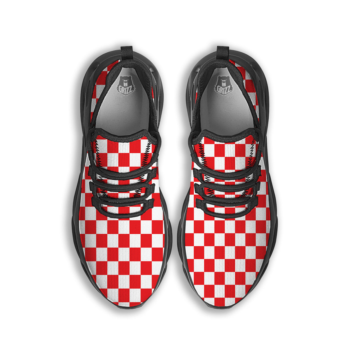 Red Checkered Flag Print Black Running Shoes-grizzshop