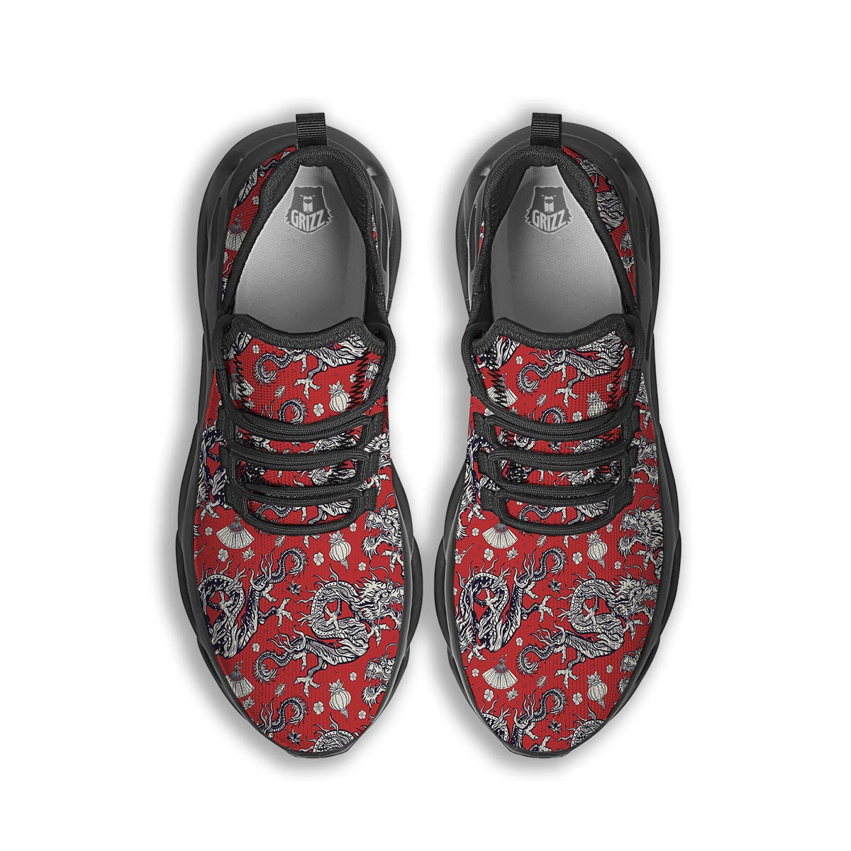 Red Chinese Dragon Floral Print Black Running Shoes-grizzshop