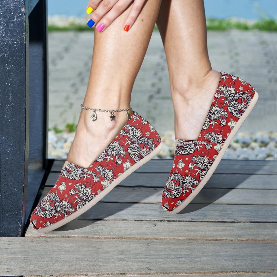 Red Chinese Dragon Floral Print Canvas Shoes-grizzshop