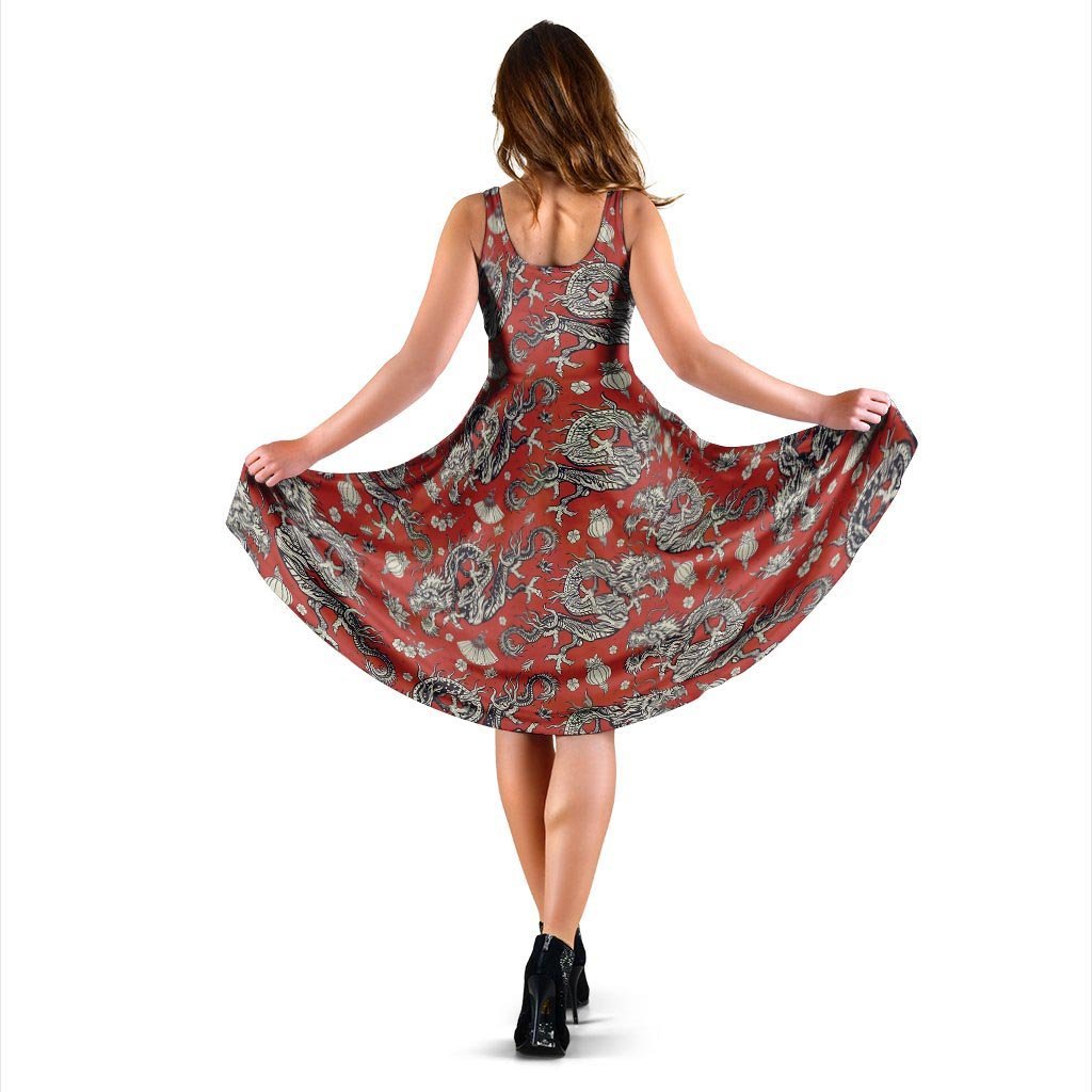 Red Chinese Dragon Floral Print Dress-grizzshop