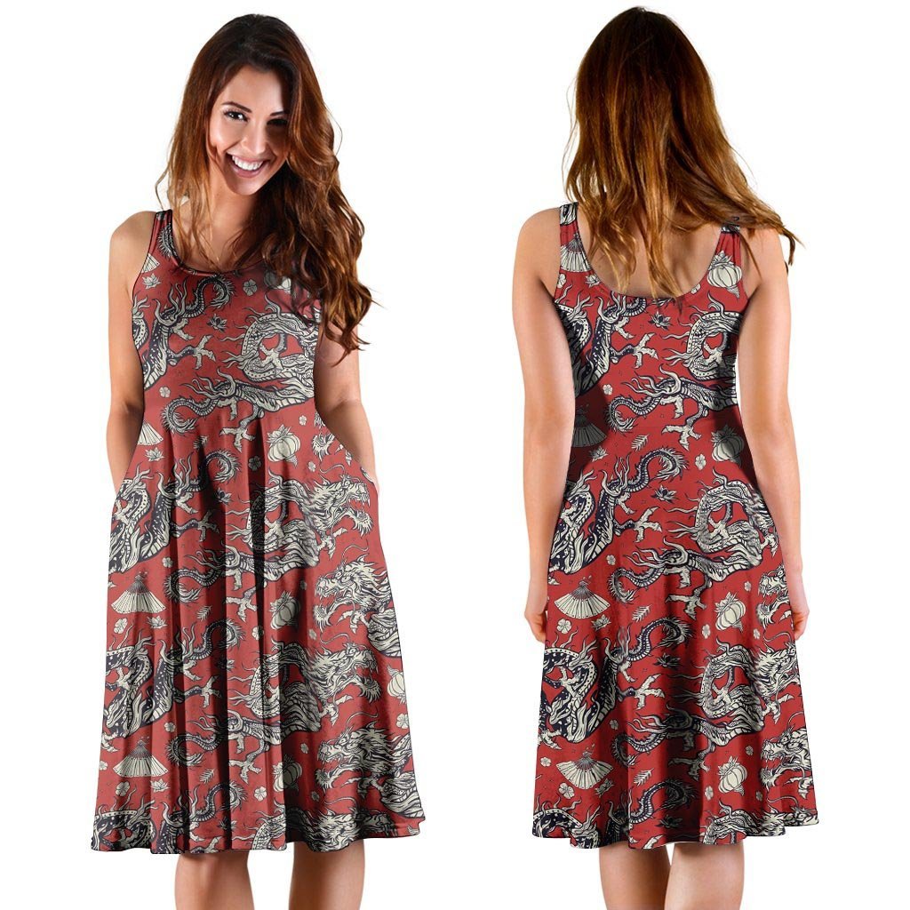 Red Chinese Dragon Floral Print Dress-grizzshop