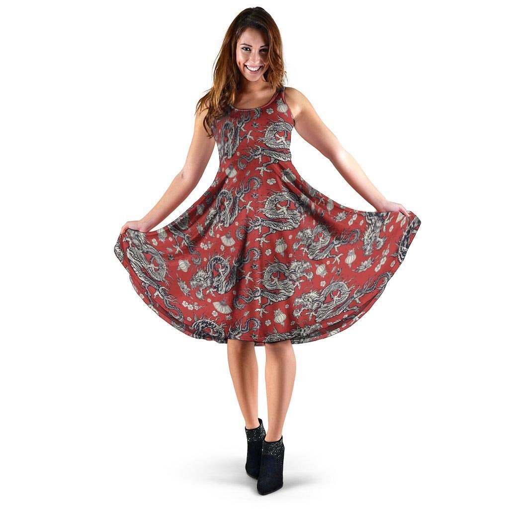 Red Chinese Dragon Floral Print Dress-grizzshop