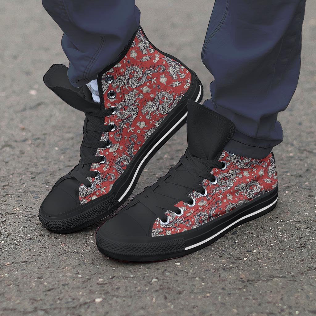 Red Chinese Dragon Floral Print Men's High Top Shoes-grizzshop