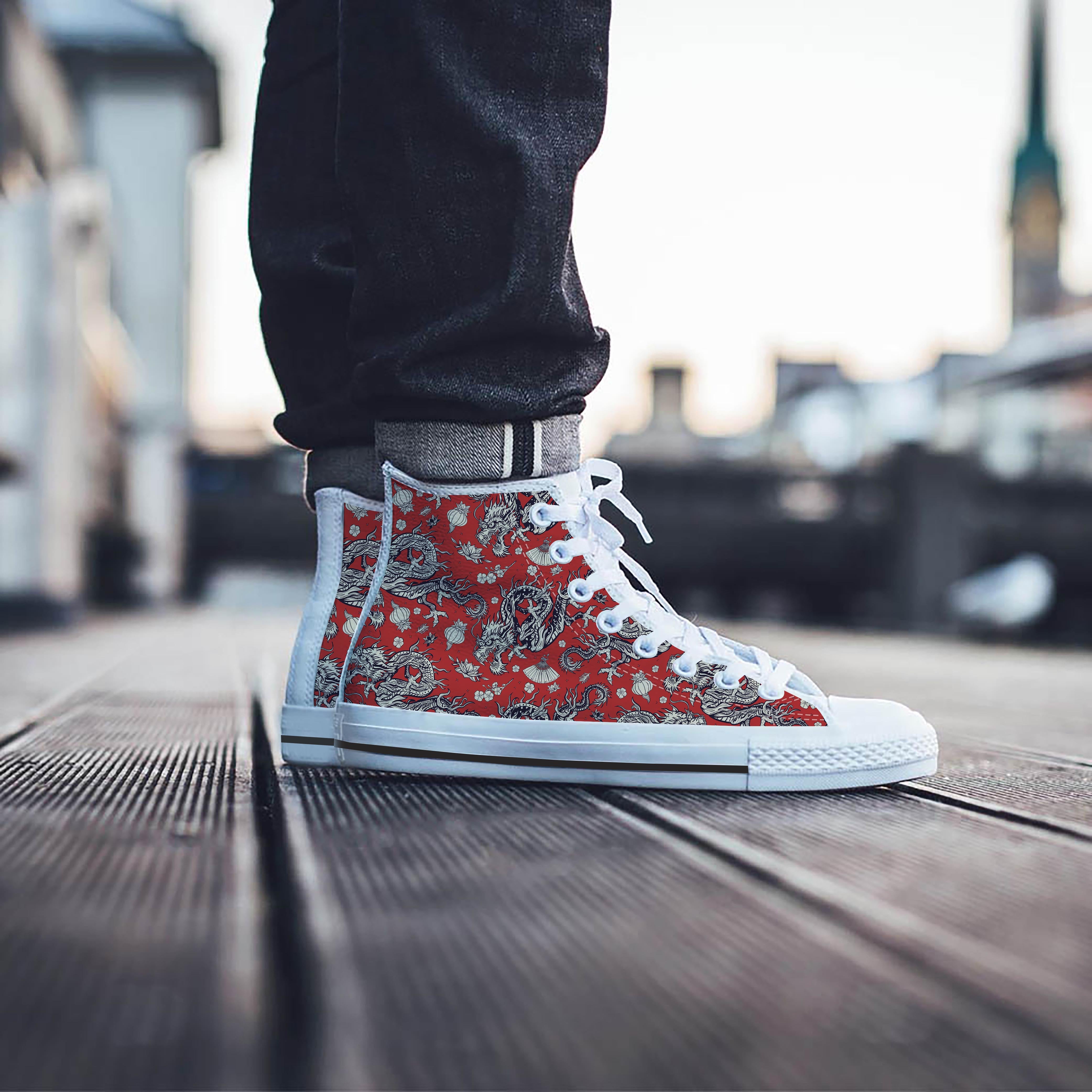 Red Chinese Dragon Floral Print Men's High Top Shoes-grizzshop