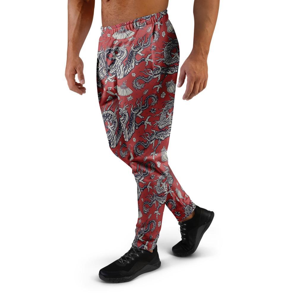 Red Chinese Dragon Floral Print Men's Joggers-grizzshop