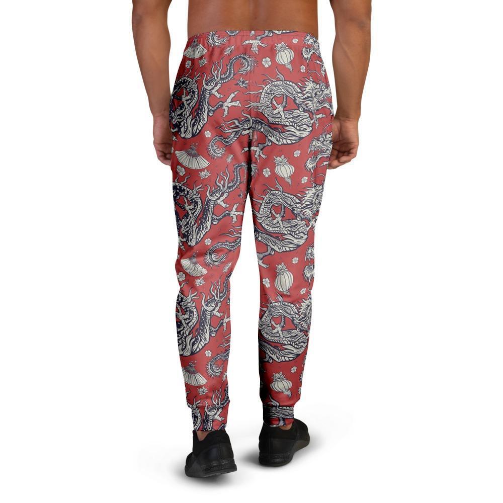 Red Chinese Dragon Floral Print Men's Joggers-grizzshop