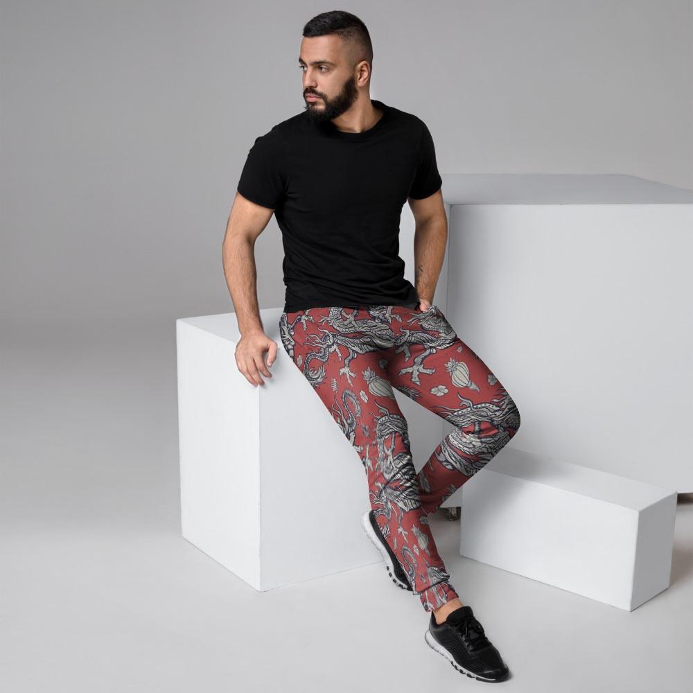 Red Chinese Dragon Floral Print Men's Joggers-grizzshop