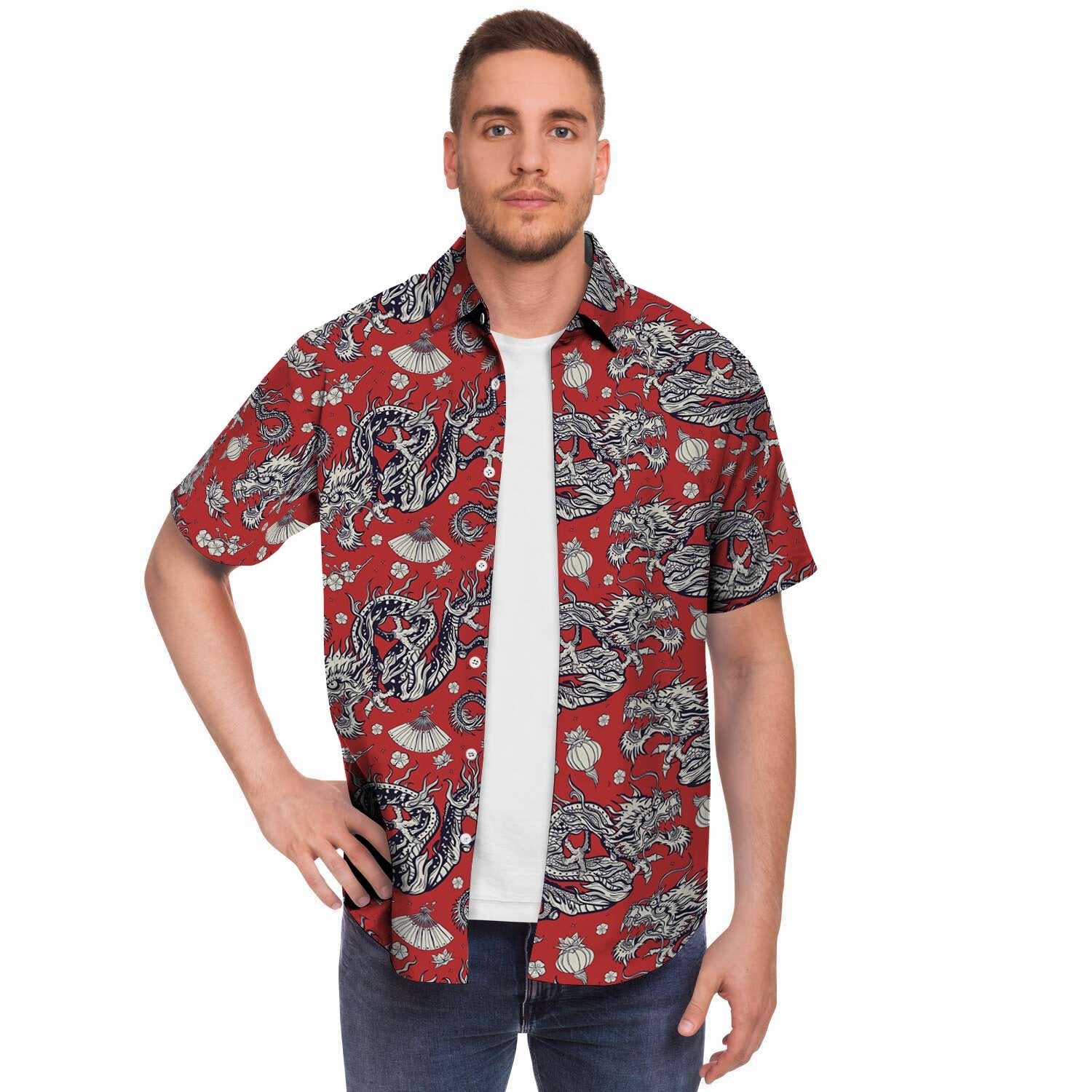 Red Chinese Dragon Floral Print Men's Short Sleeve Shirt-grizzshop