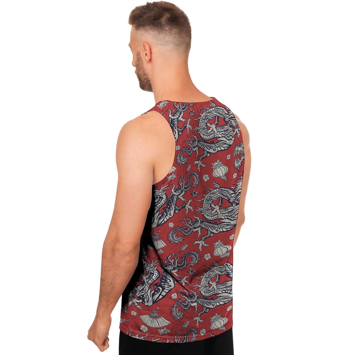 Red Chinese Dragon Floral Print Men's Tank Tops-grizzshop