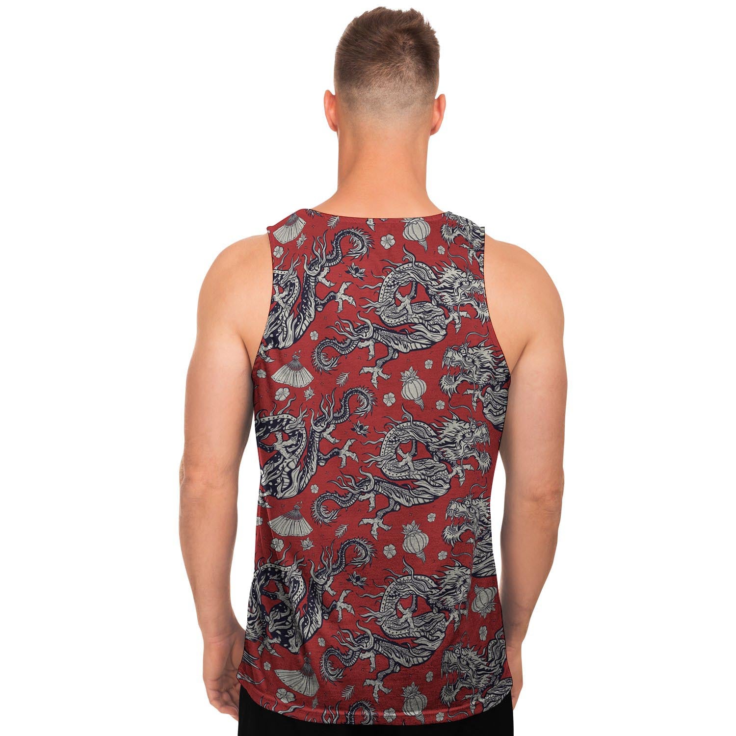 Red Chinese Dragon Floral Print Men's Tank Tops-grizzshop