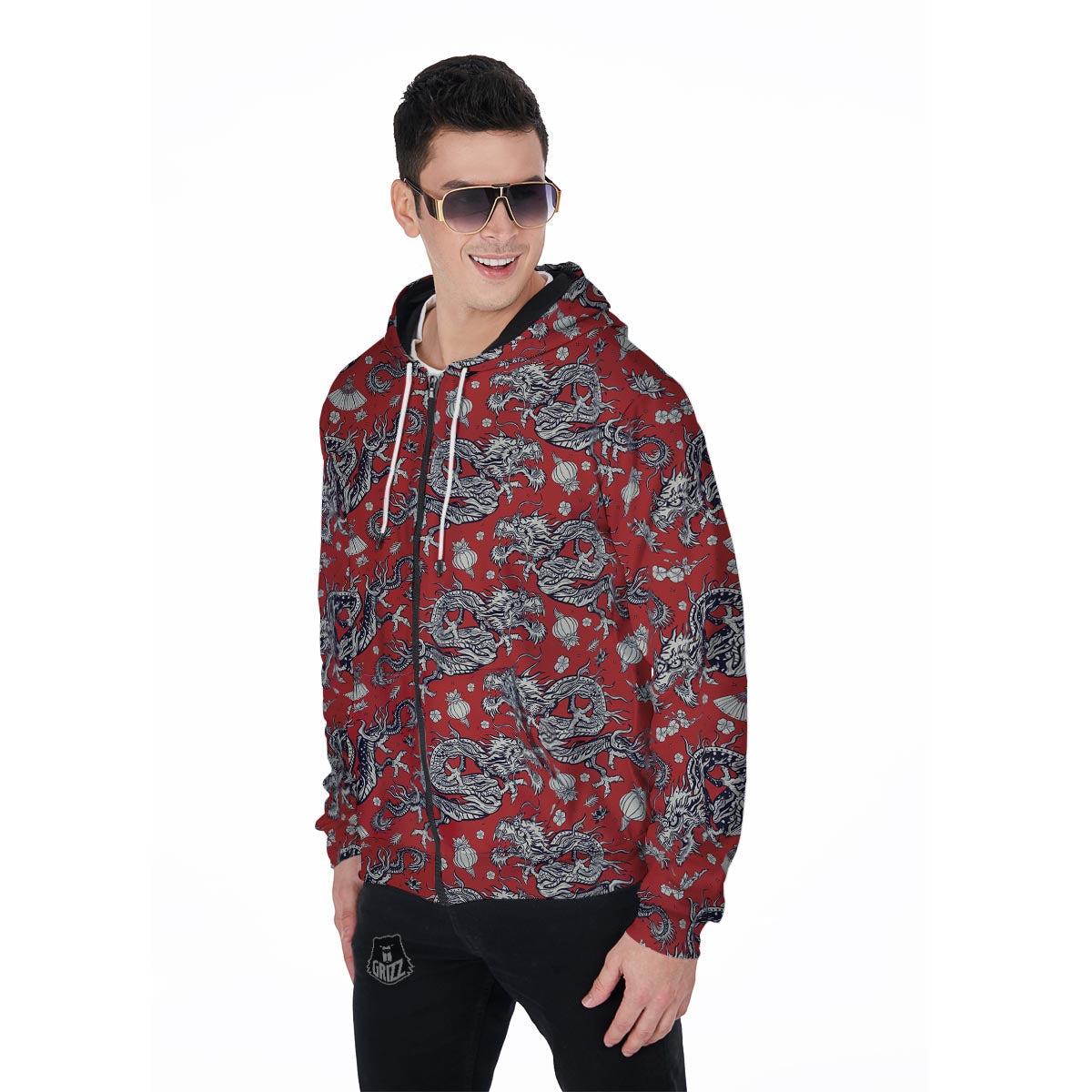 Red Chinese Dragon Floral Print Men's Zip Up Hoodie-grizzshop