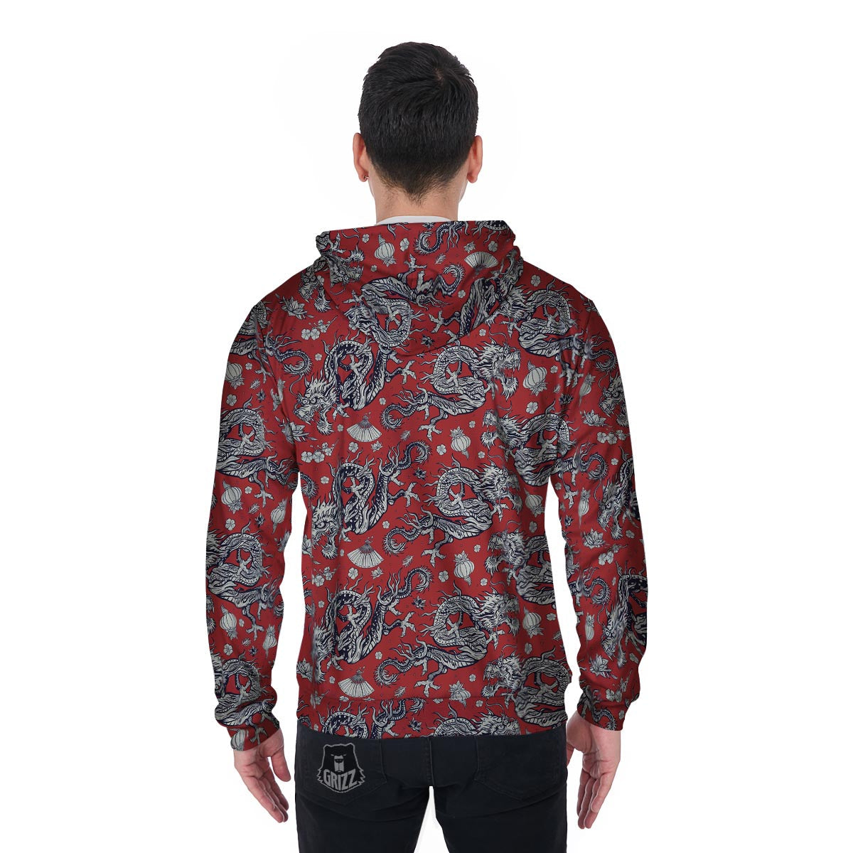 Red Chinese Dragon Floral Print Men's Zip Up Hoodie-grizzshop