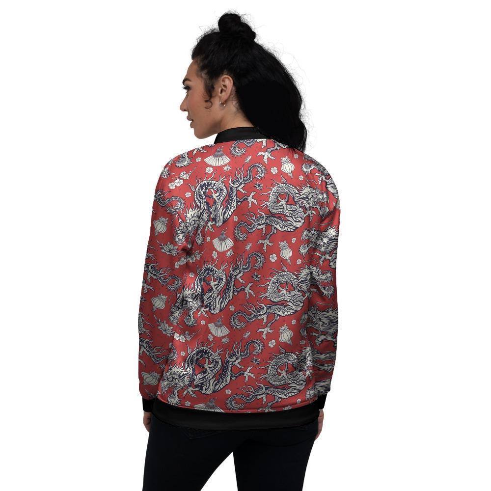 Red Chinese Dragon Floral Print Women's Bomber Jacket-grizzshop