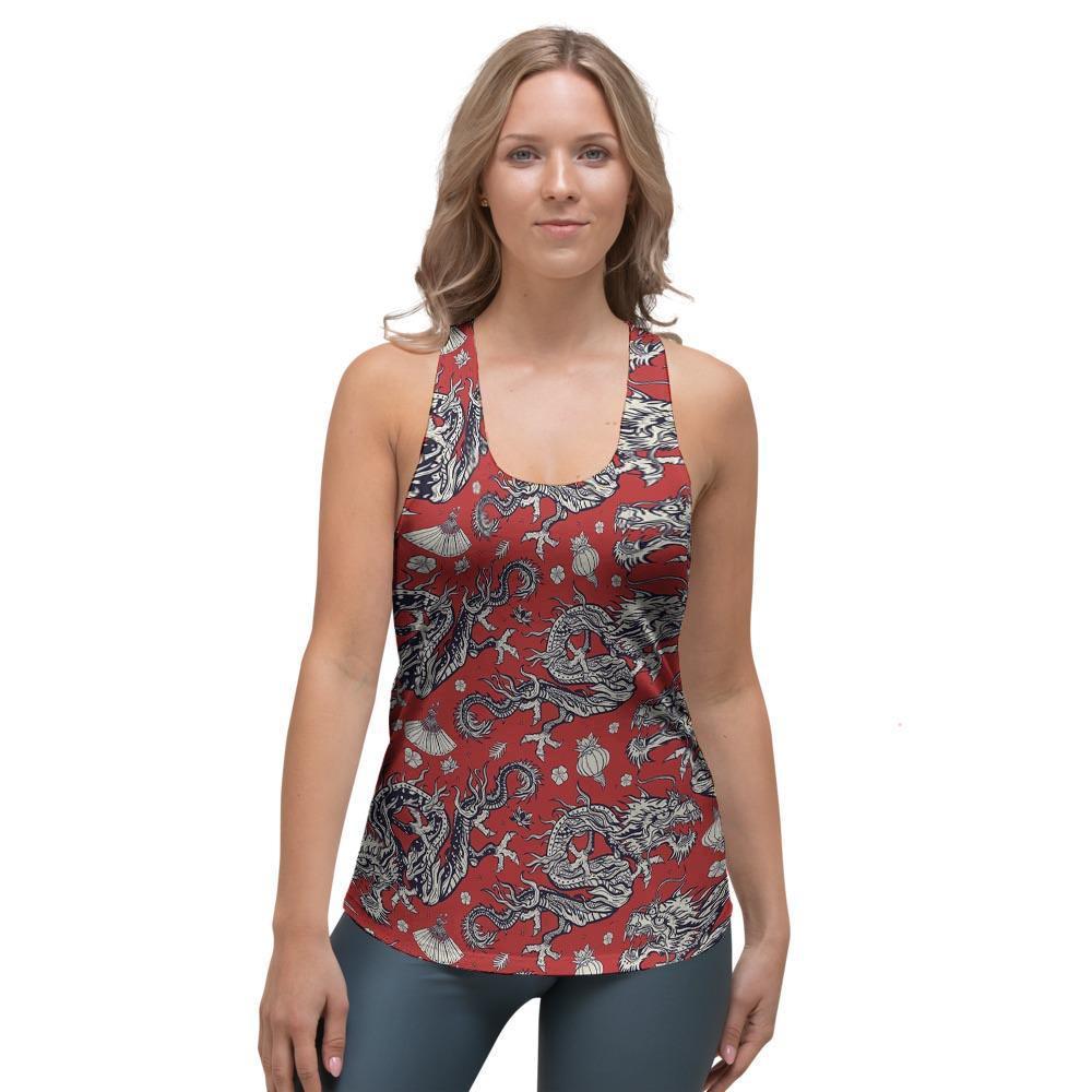 Red Chinese Dragon Floral Print Women's Racerback Tank Top-grizzshop