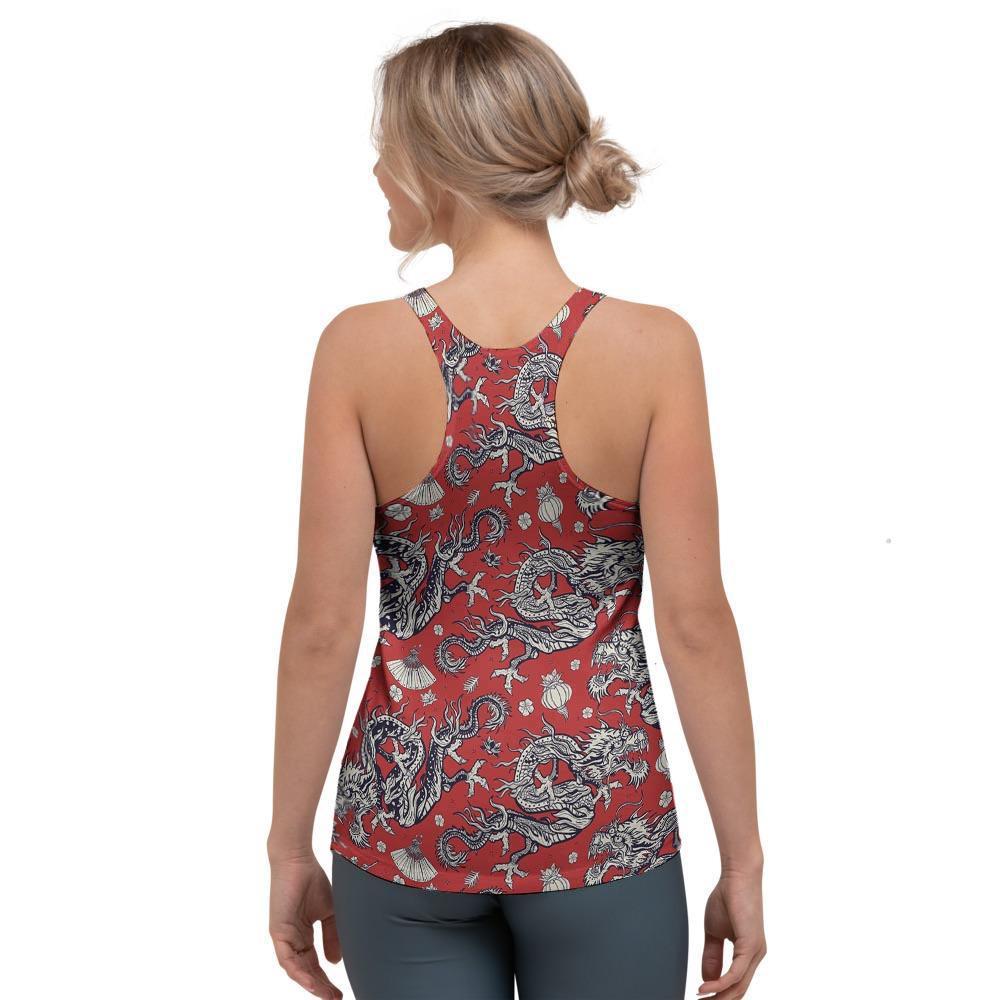 Red Chinese Dragon Floral Print Women's Racerback Tank Top-grizzshop