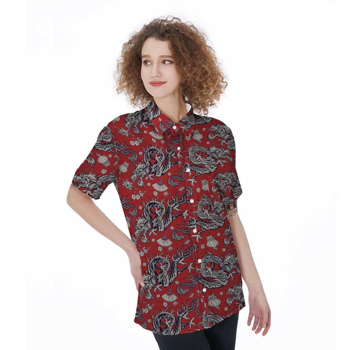 Red Chinese Dragon Floral Print Women's Short Sleeve Shirts-grizzshop