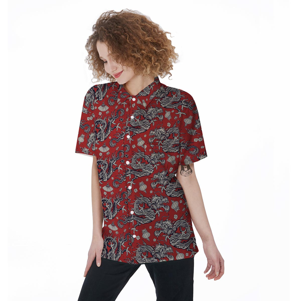 Red Chinese Dragon Floral Print Women's Short Sleeve Shirts-grizzshop