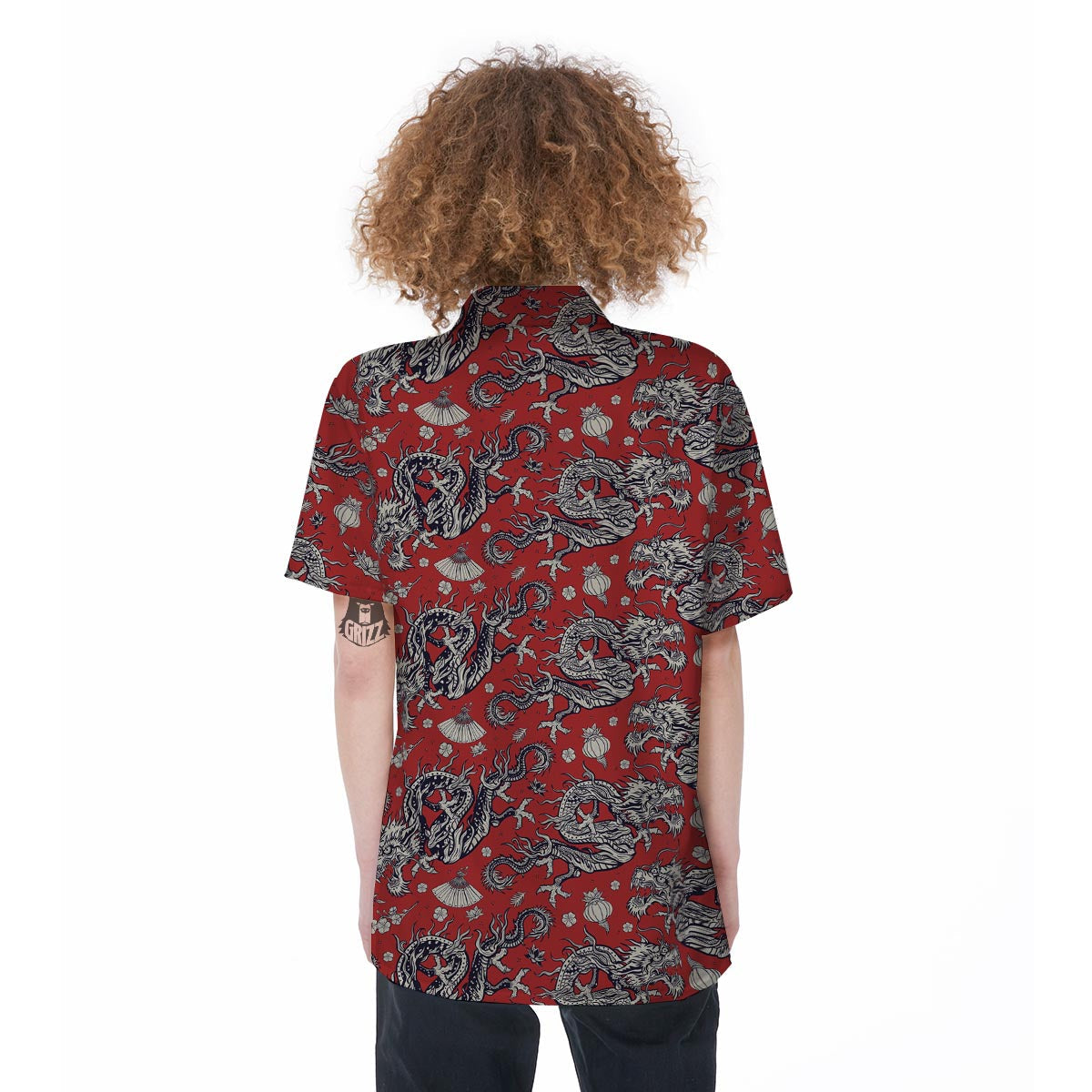 Red Chinese Dragon Floral Print Women's Short Sleeve Shirts-grizzshop