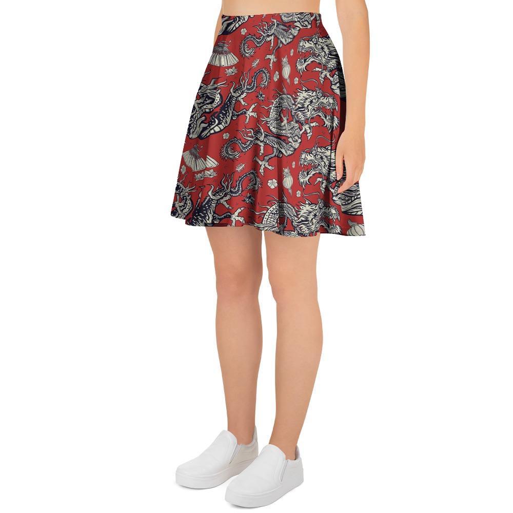 Red Chinese Dragon Floral Print Women's Skirt-grizzshop