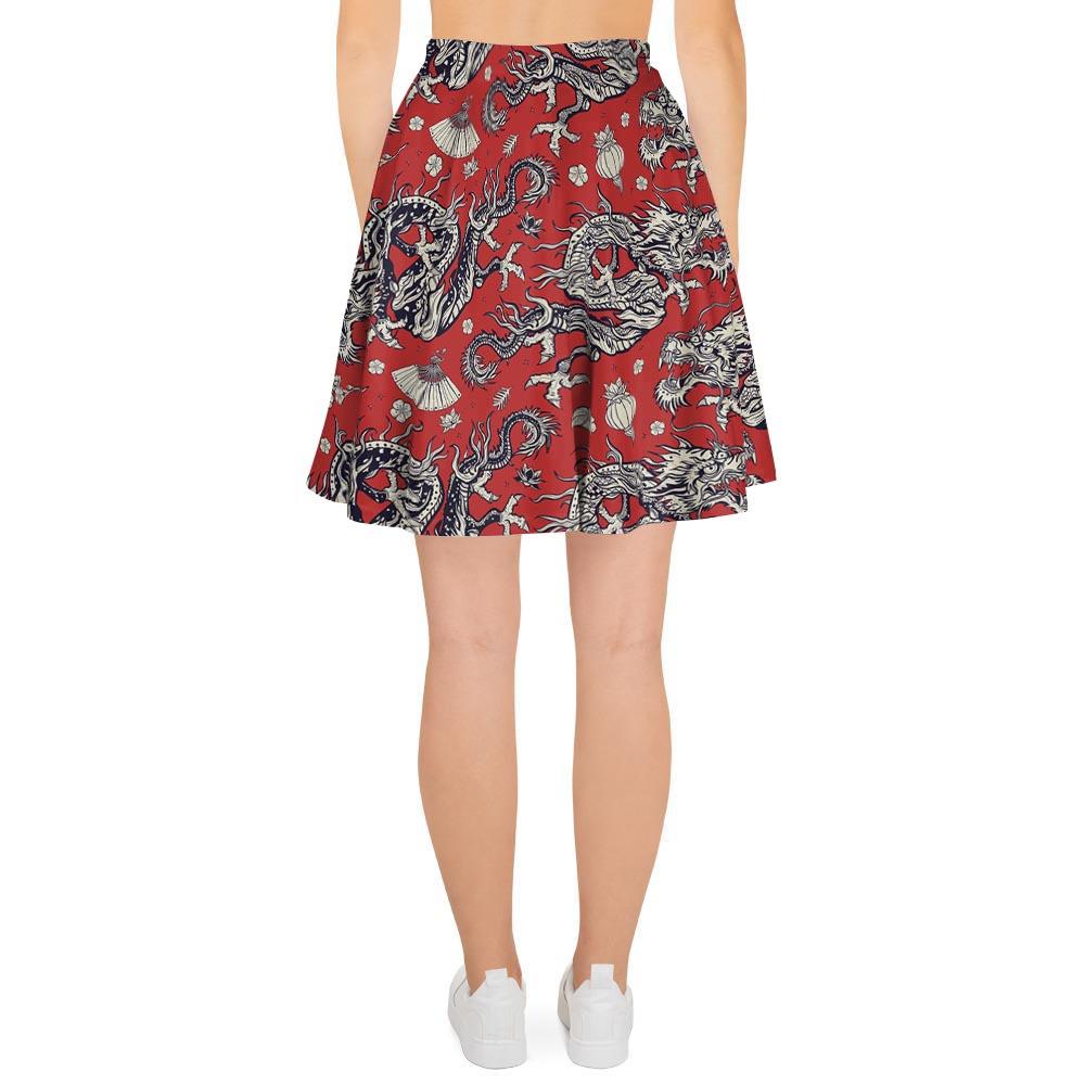 Red Chinese Dragon Floral Print Women's Skirt-grizzshop