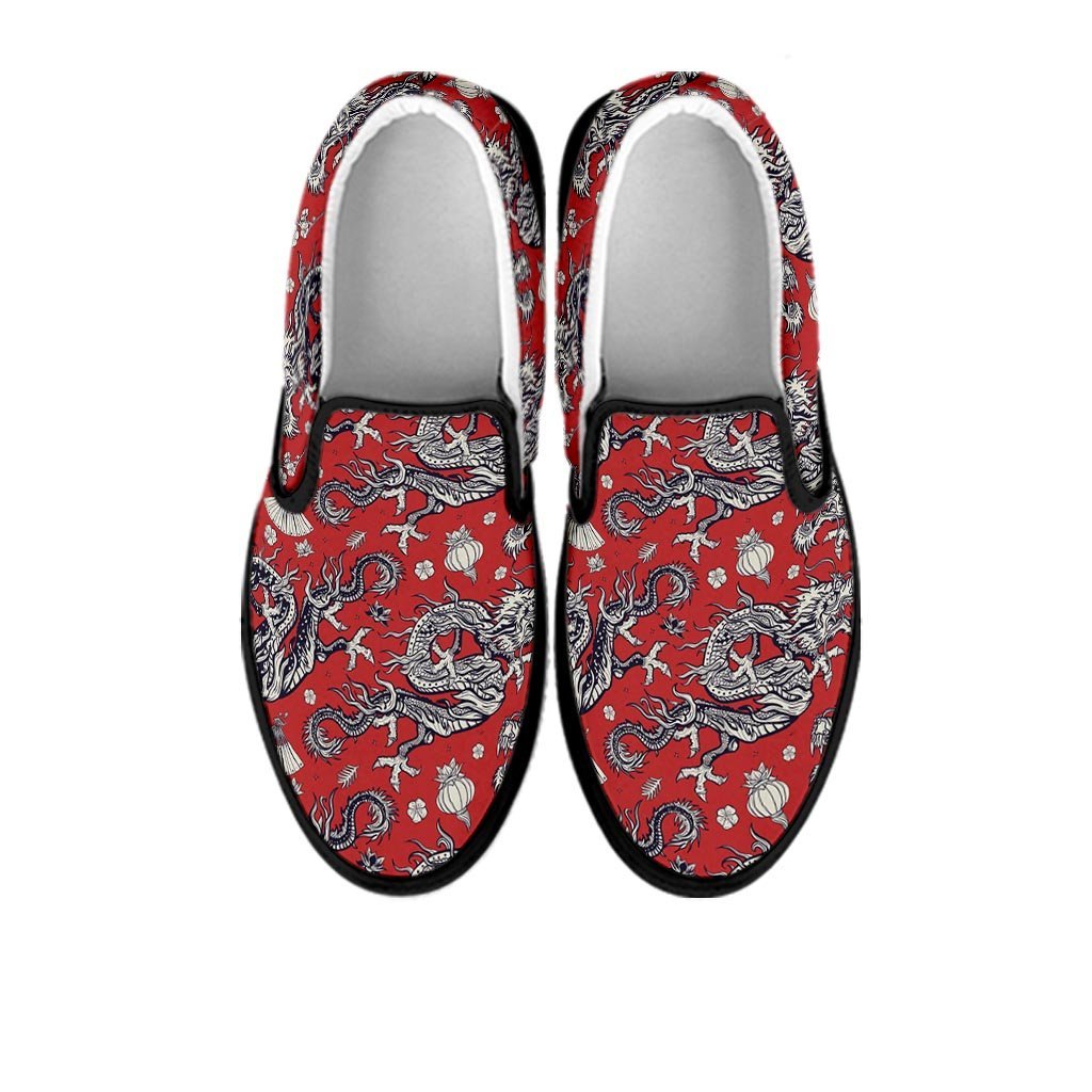 Red Chinese Dragon Floral Print Women's Slip On Sneakers-grizzshop